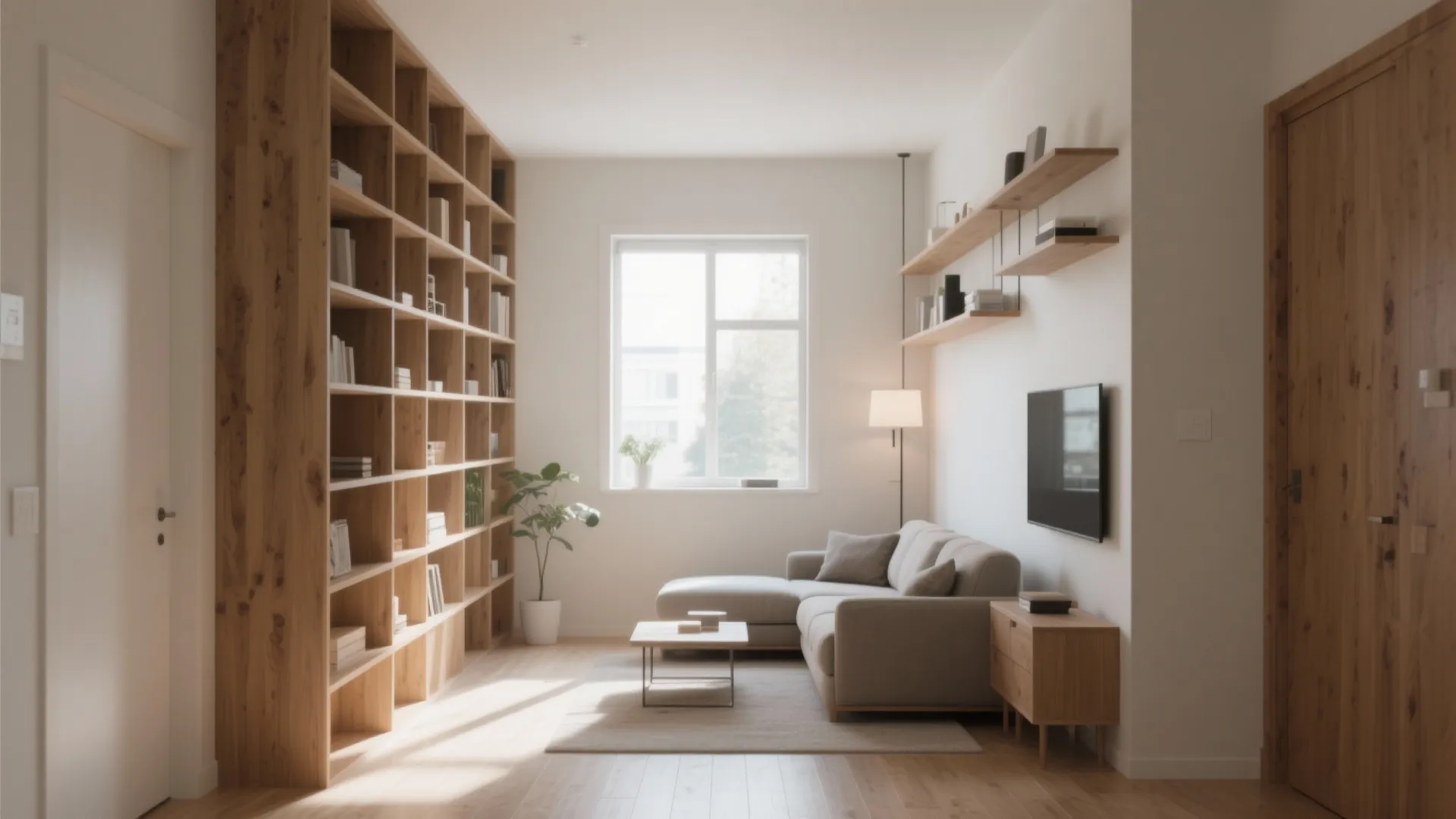 Modern living room with floor to ceiling wooden bookshelf beige sofa and natural window light