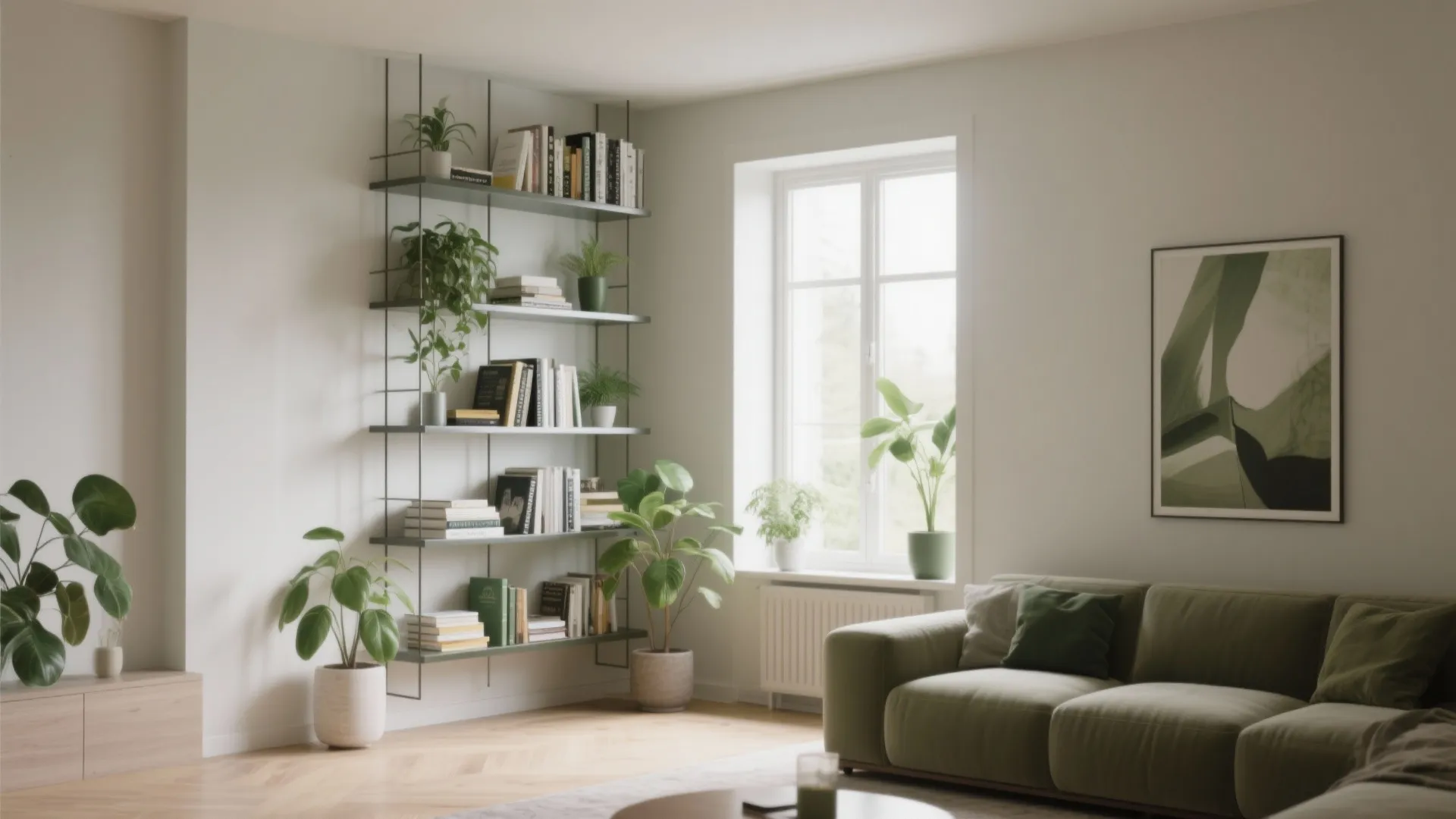 Living room corner with green sofa, wall mounted shelves with books, plants, and large window.