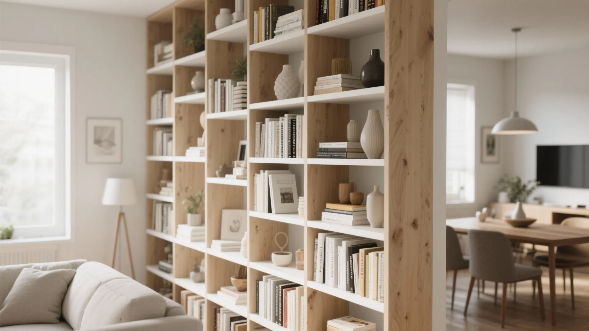 Large wooden bookshelf divider filled with books and vases between a living room and dining