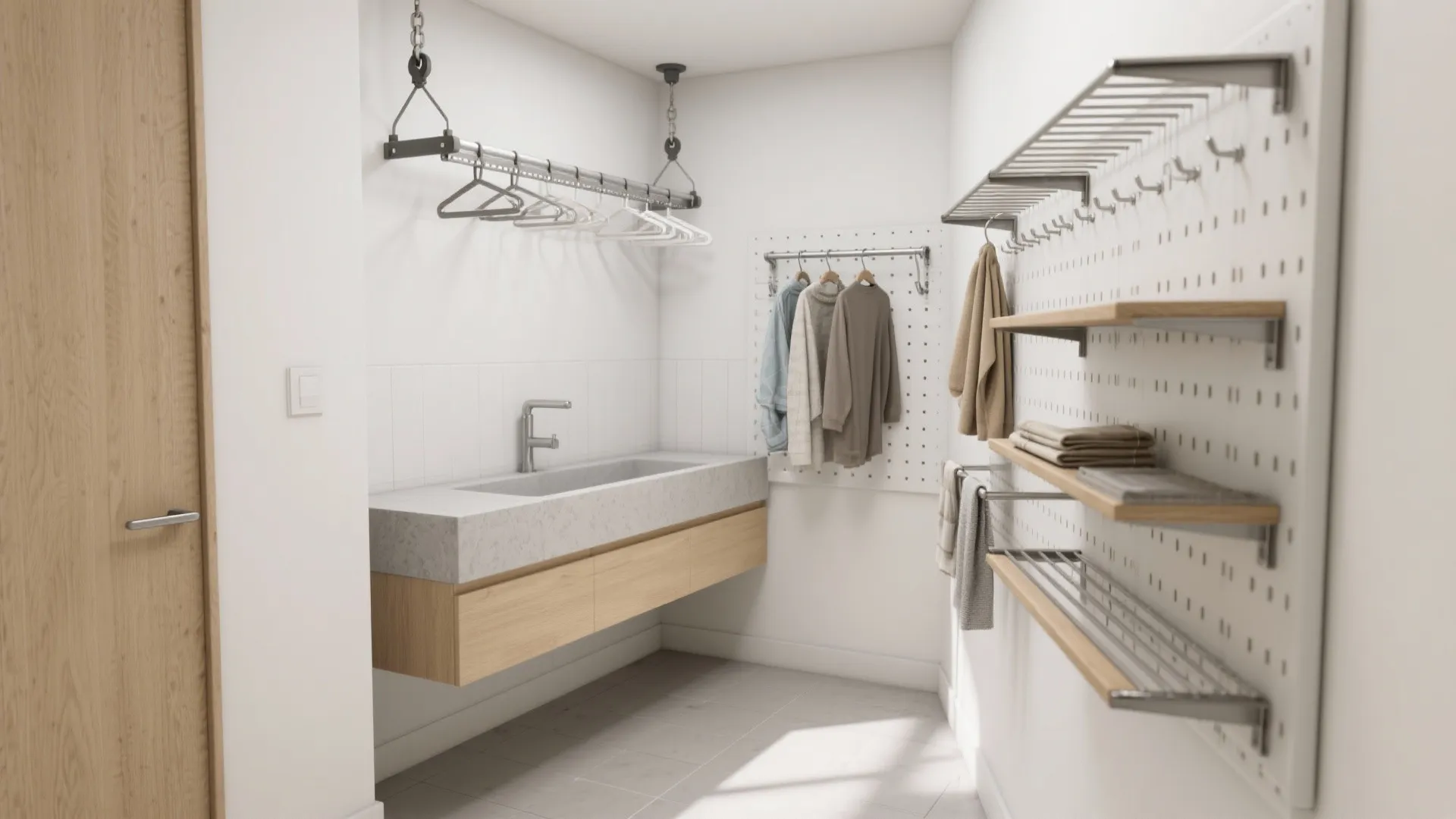 Modern utility room with grey stone sink, wooden cabinet, white pegboard storage, and hanging clothes