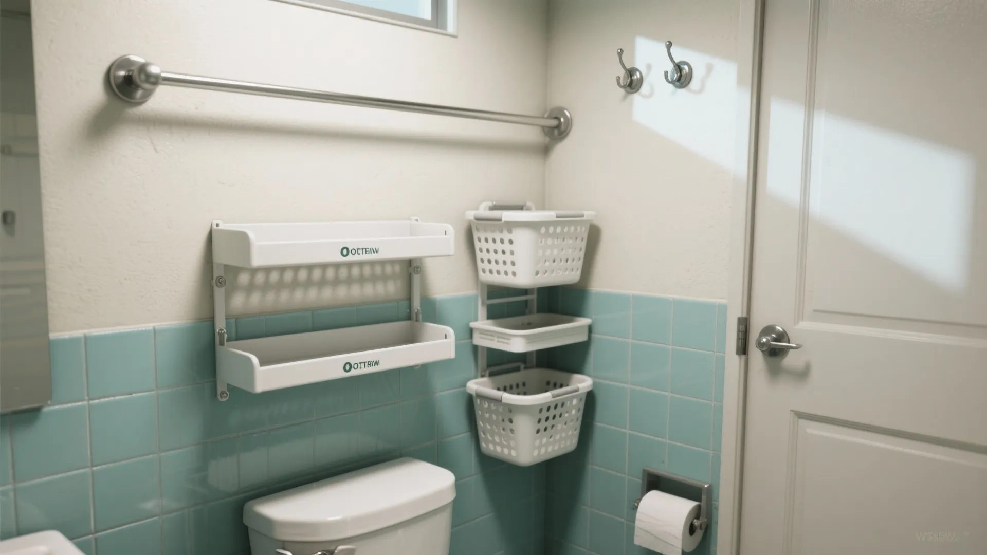 Bathroom wall with white plastic storage baskets, towel bar, toilet, and light blue tiled walls