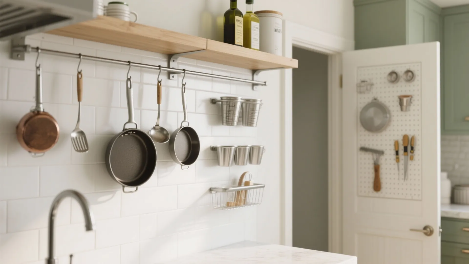 Modern kitchen with pans hanging on wall rail wood shelf white tiles and pegboard storage