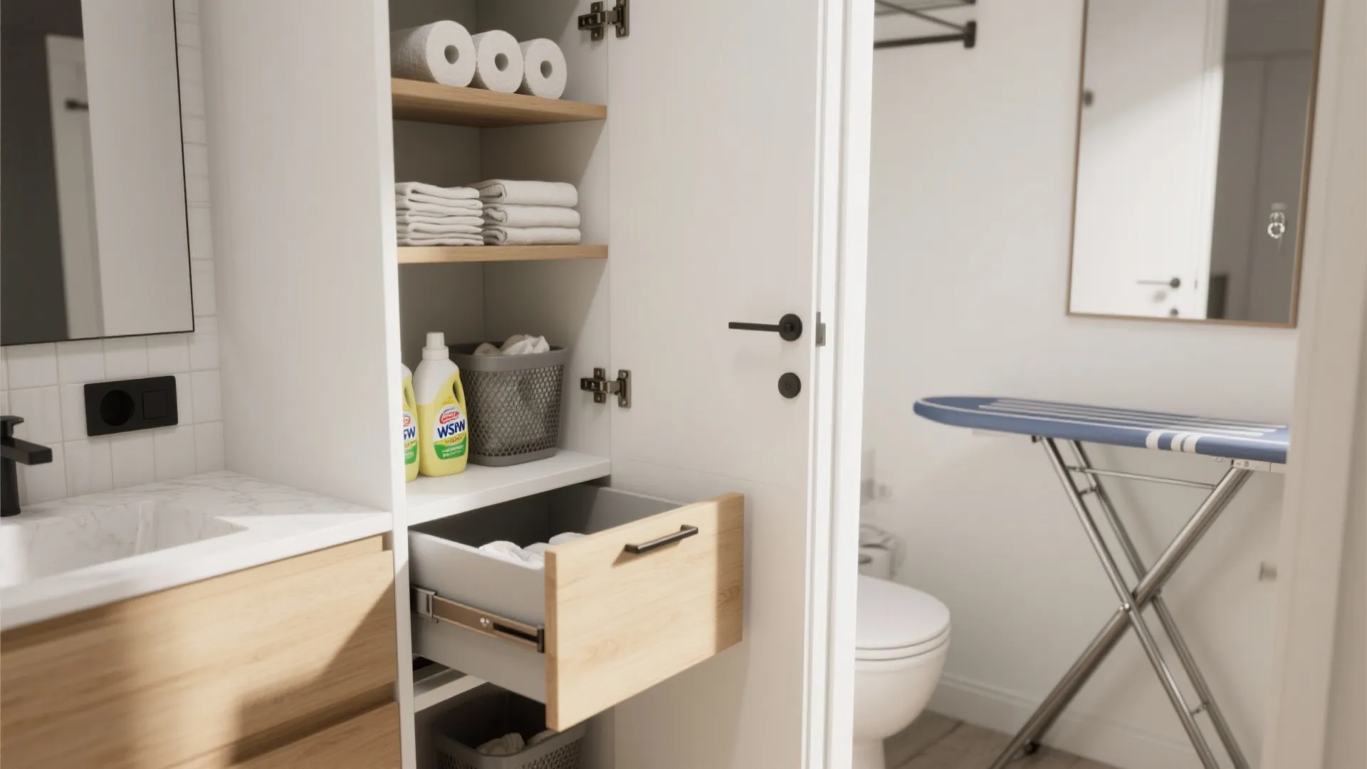 Tip 3: Go vertical—recessed cabinets, pull-out hampers, over-toilet shelves