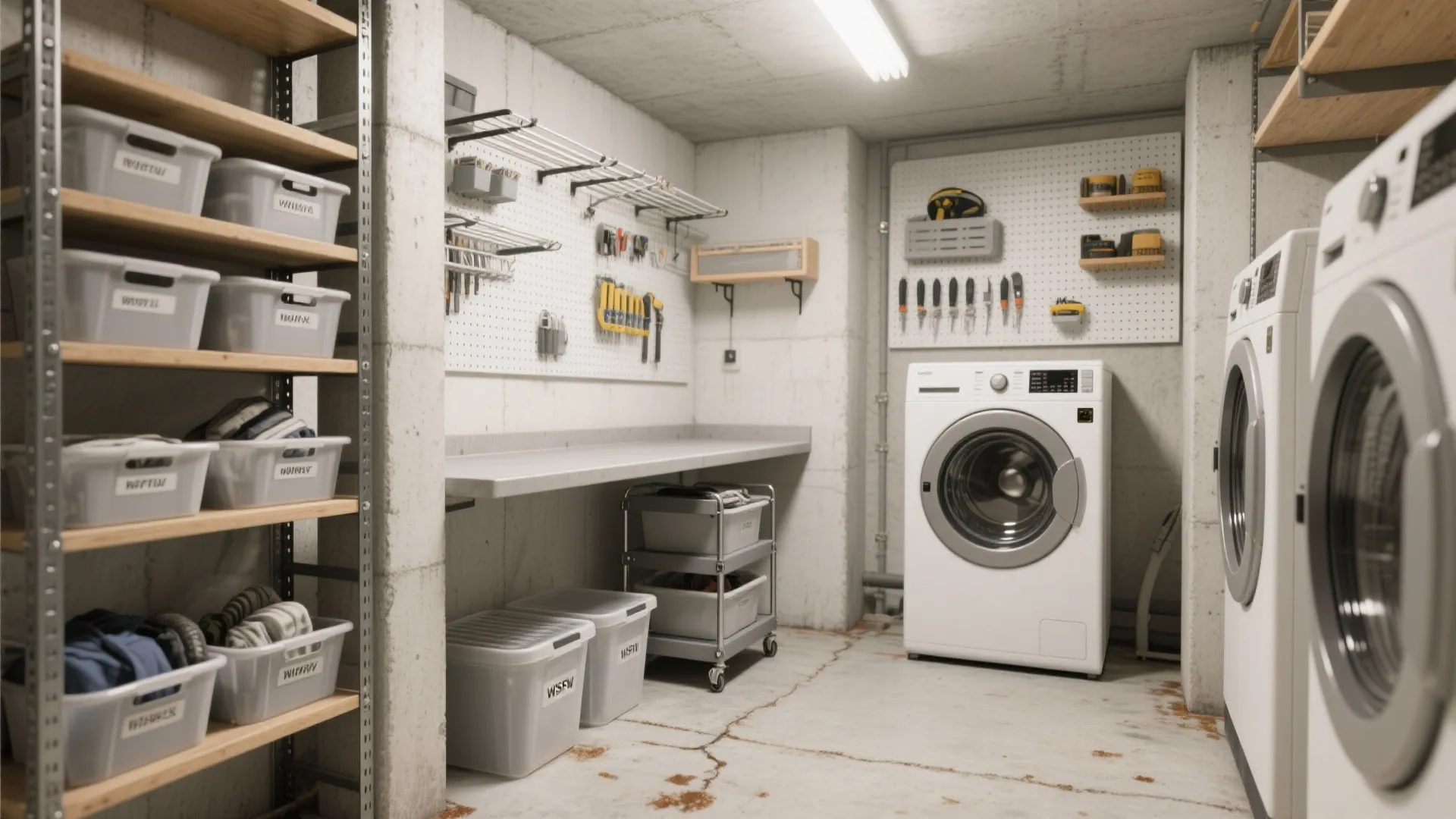 Organized basement storage area with wood shelves white washing machines tool racks and plastic bins