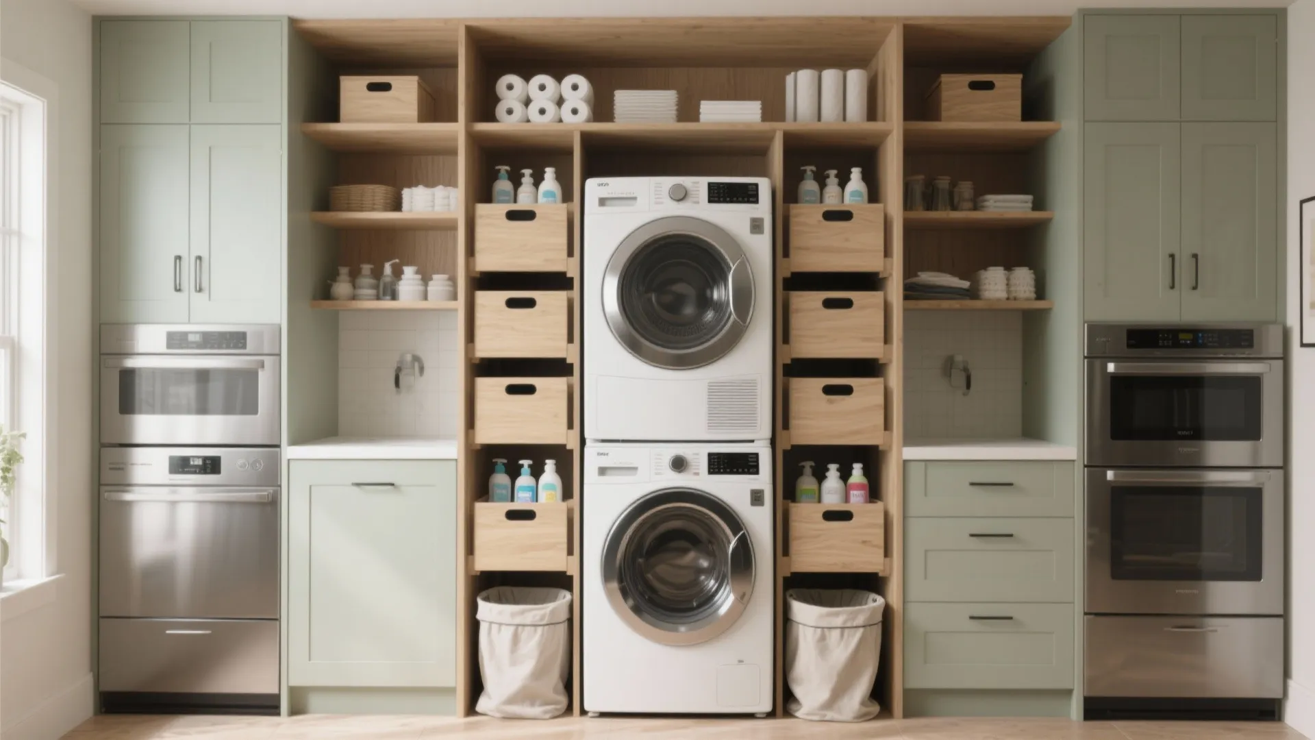 Modern laundry room featuring stacked washing machine and dryer with wooden shelves and green cabinets