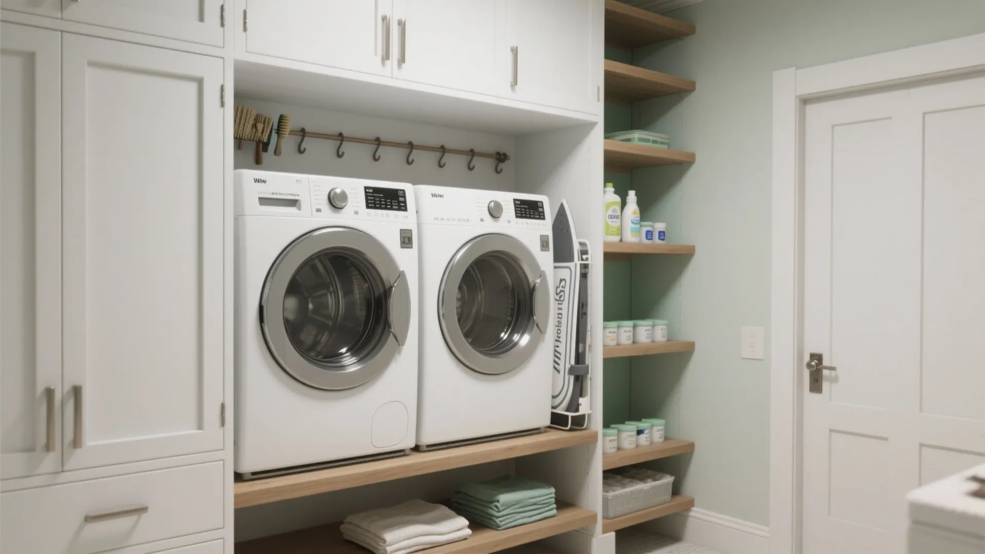 Modern white laundry room with two washing machines wooden shelves towels and organized storage cabinets design