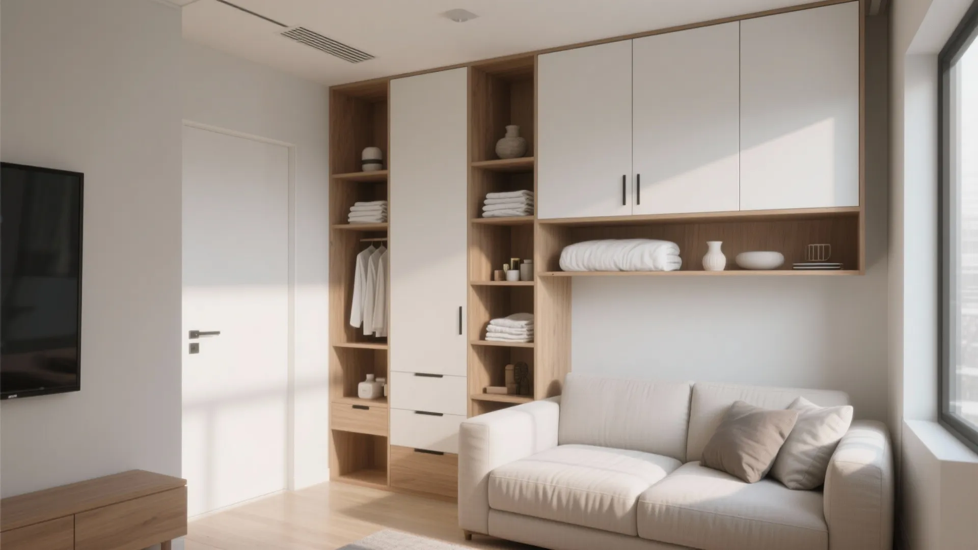 Modern living room with white sofa and wooden wall cabinet providing vertical storage for home items