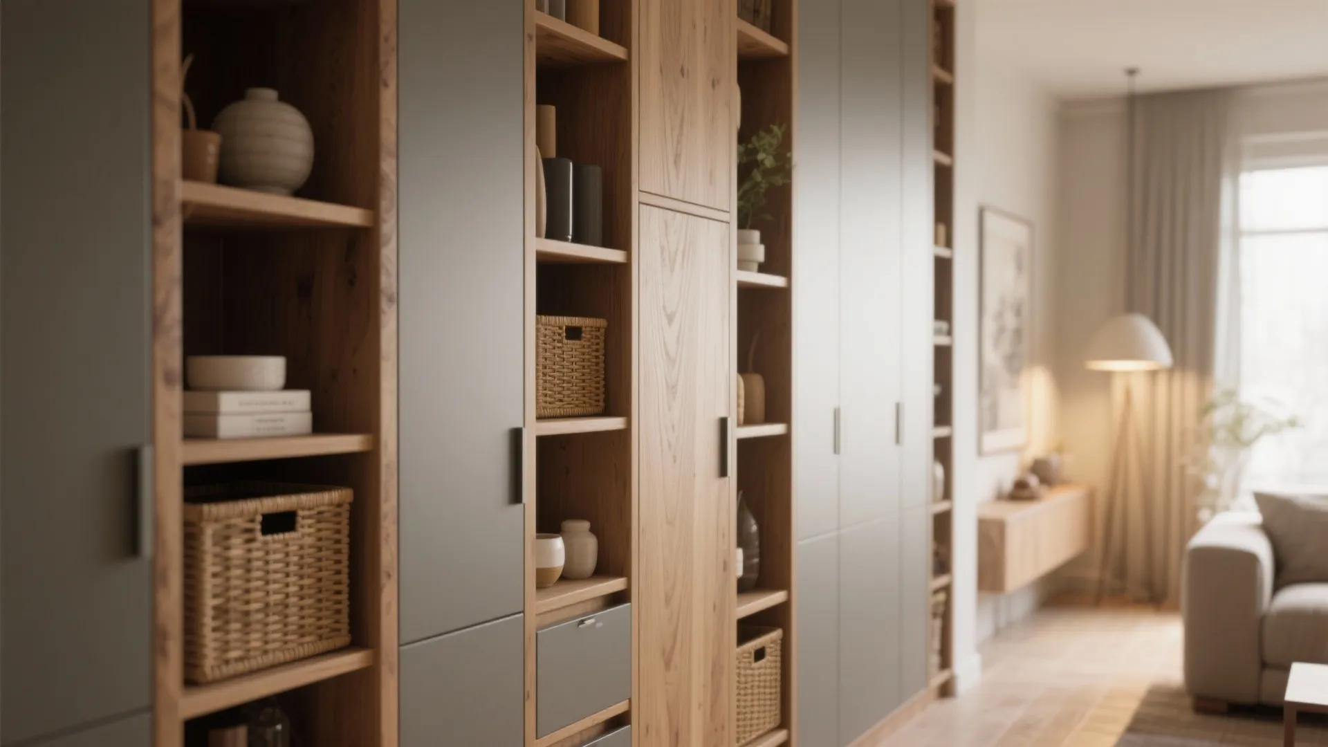 Tall narrow shelving and shallow wall cabinets with mixed open shelves and baskets to maximize vertical storage in a narrow living room.