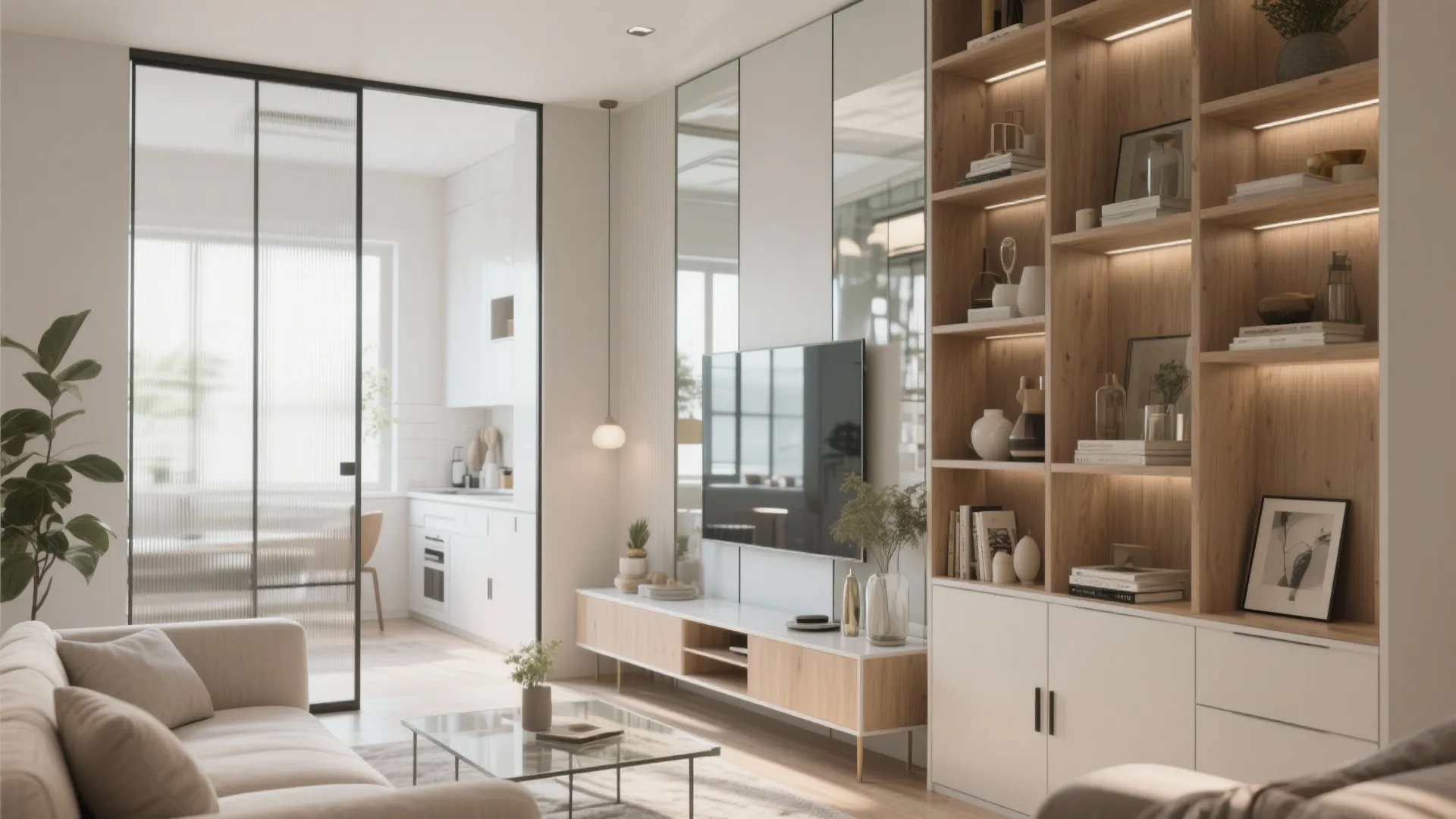 Modern living room showing wall mounted television with large wooden cabinet and tall storage shelves unit