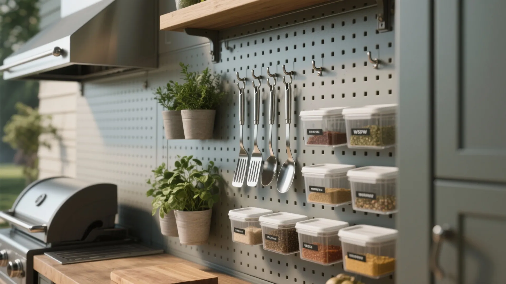 Wall panel with hooks holding kitchen tools and small plastic containers for outdoor kitchen storage