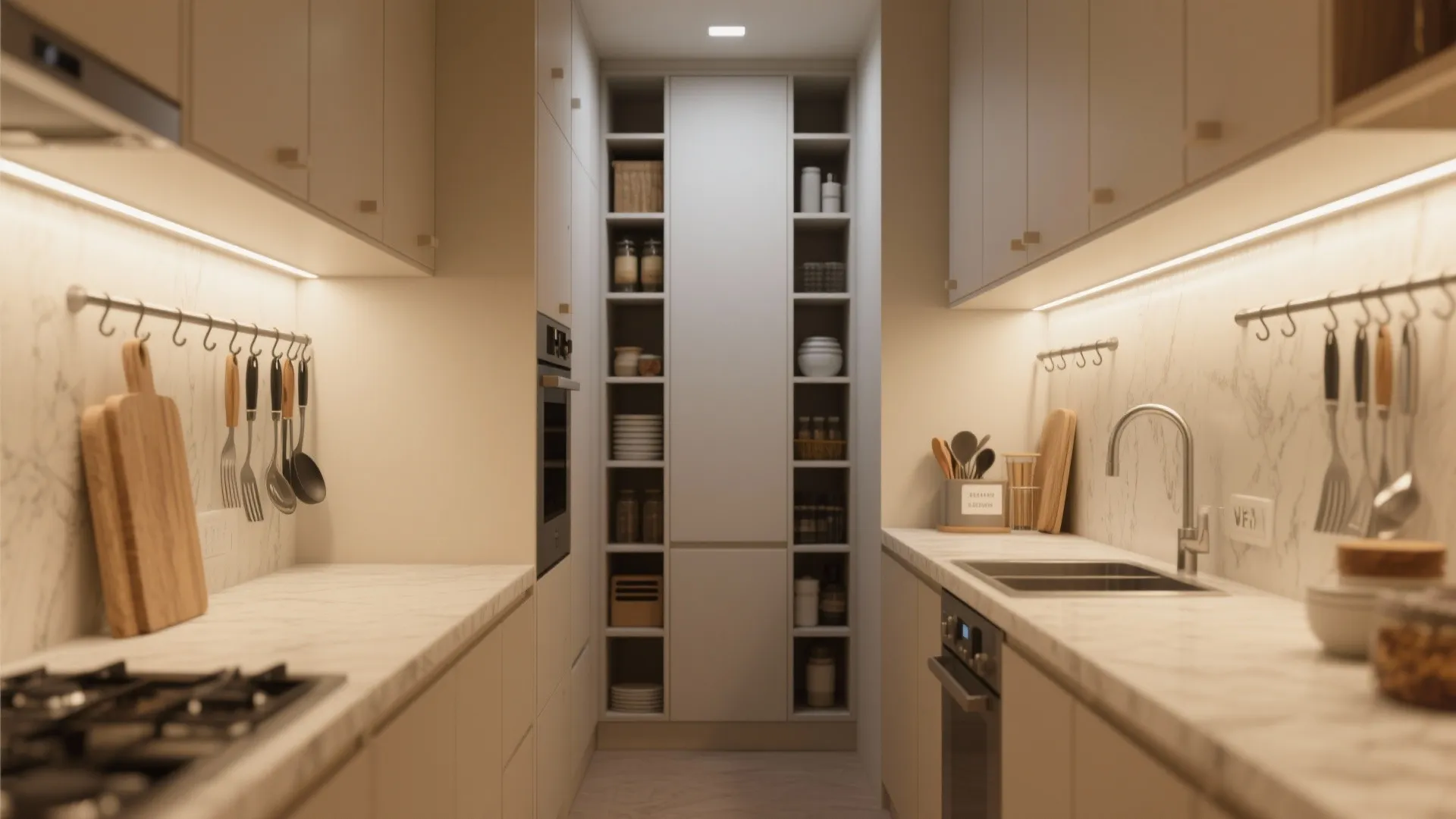 Narrow kitchen with white cabinets marble countertops wall mounted utensil racks and floor to ceiling shelves
