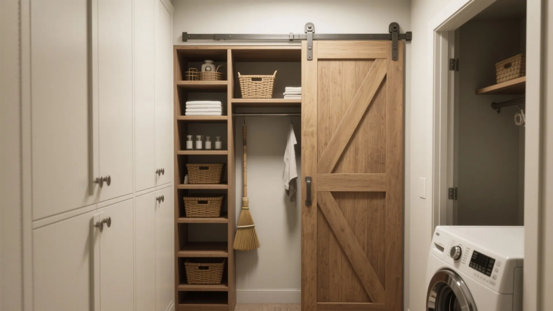 Laundry room with wooden sliding door wooden shelves holding baskets towels and white washing machine corner