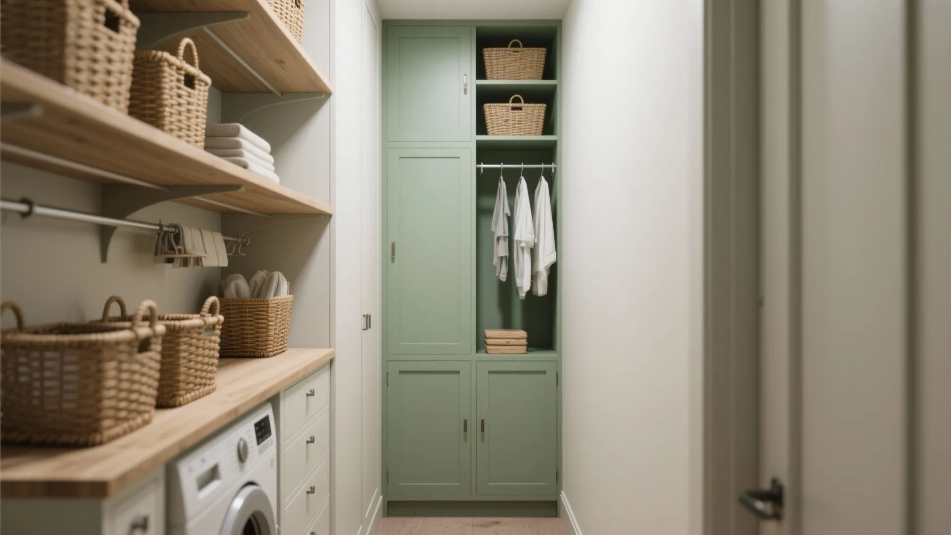 Small laundry area with green cabinets wooden shelves wicker baskets hanging clothes and white washing machine