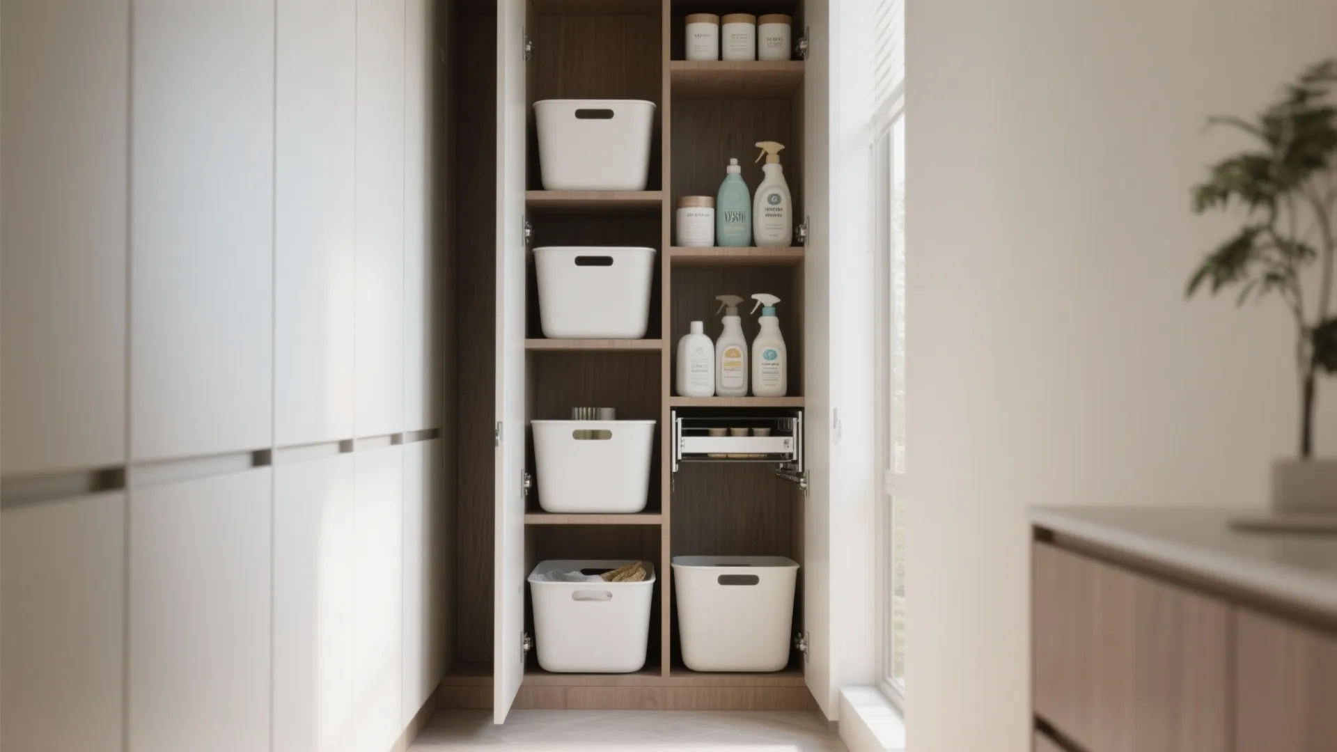 Vertical Storage with Pull-out Hampers and Open Shelving