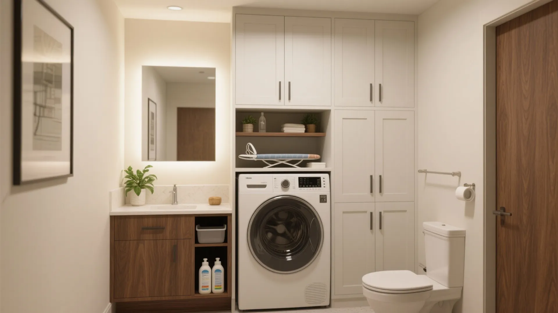 Small bathroom and laundry area with tall white cabinets washing machine wood vanity and toilet