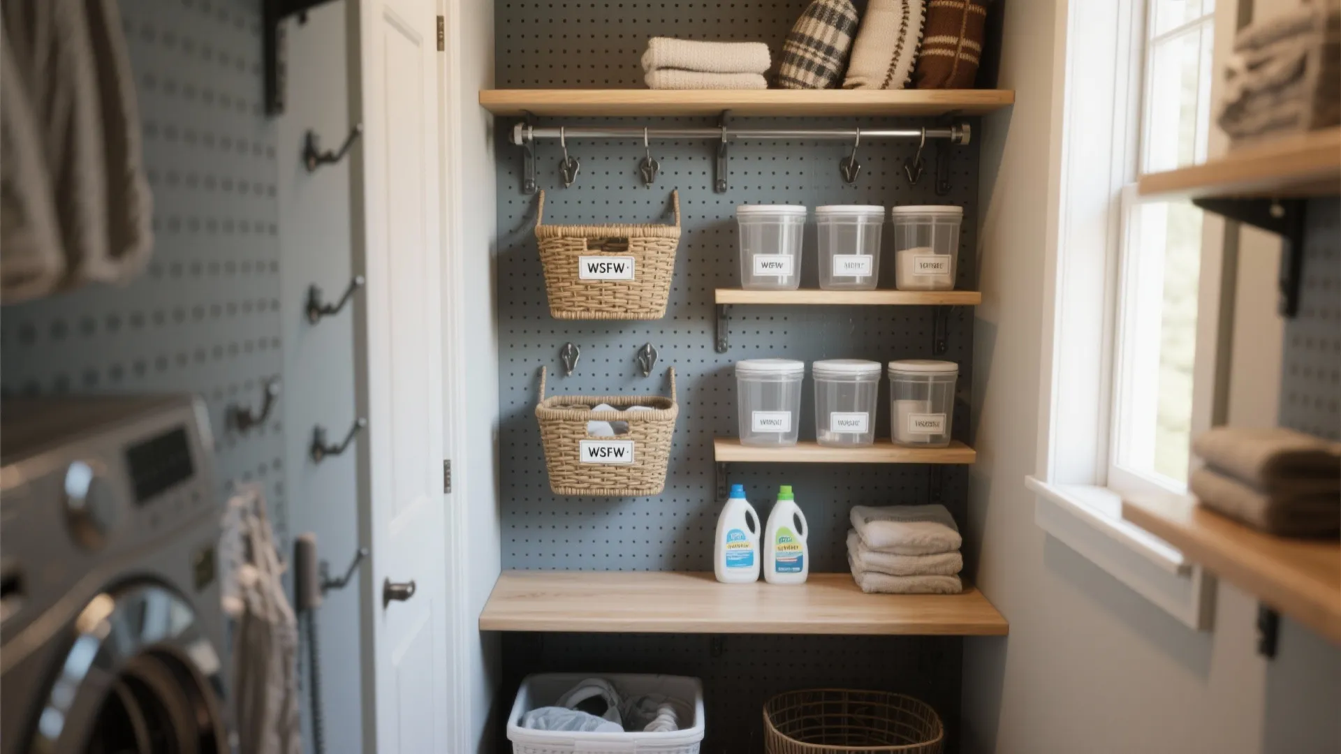 Organized laundry room wall with wooden shelves hanging baskets plastic containers and white washing machine