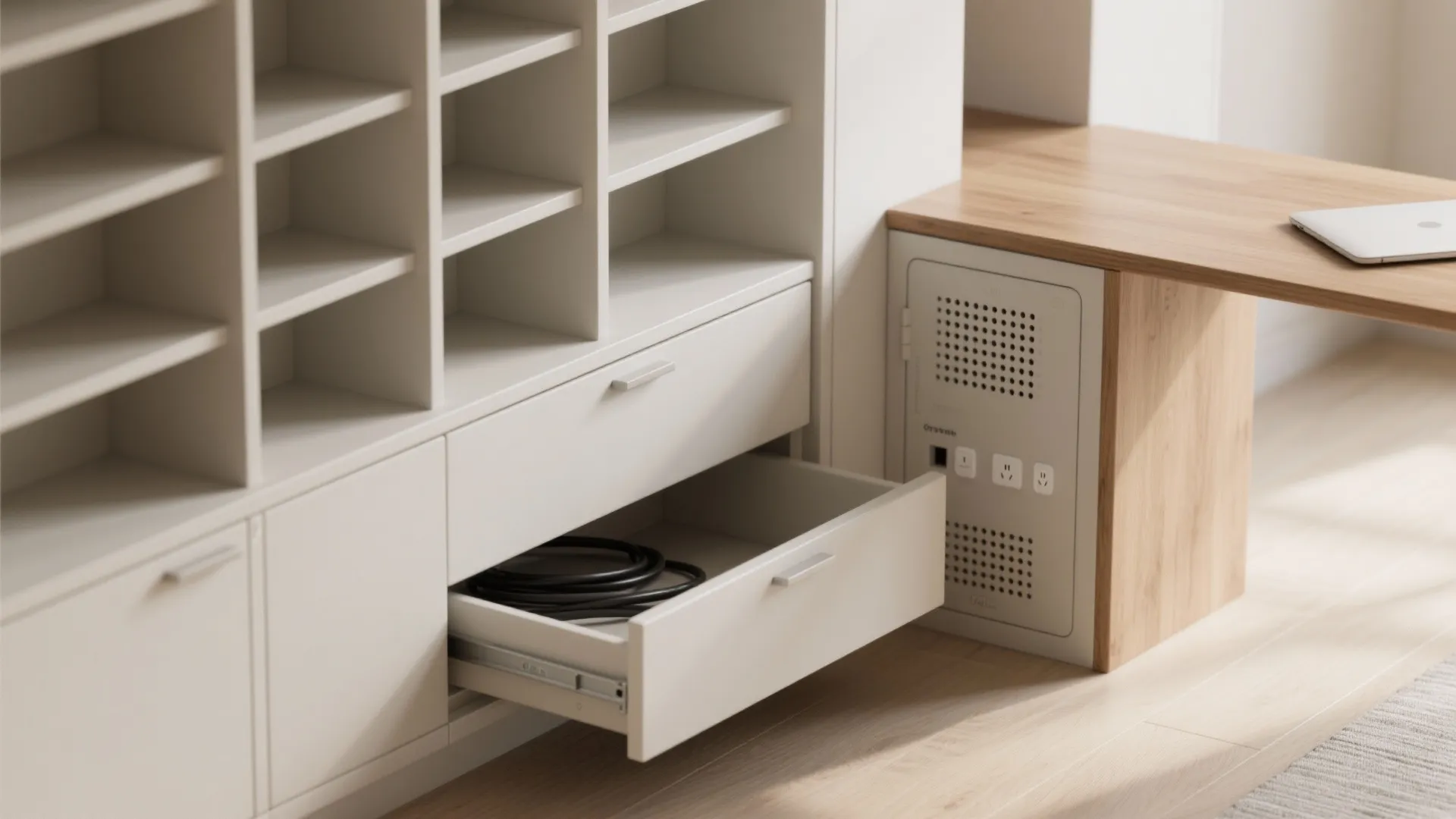 White storage cabinet with open drawer for cables next to wooden desk and wall power socket