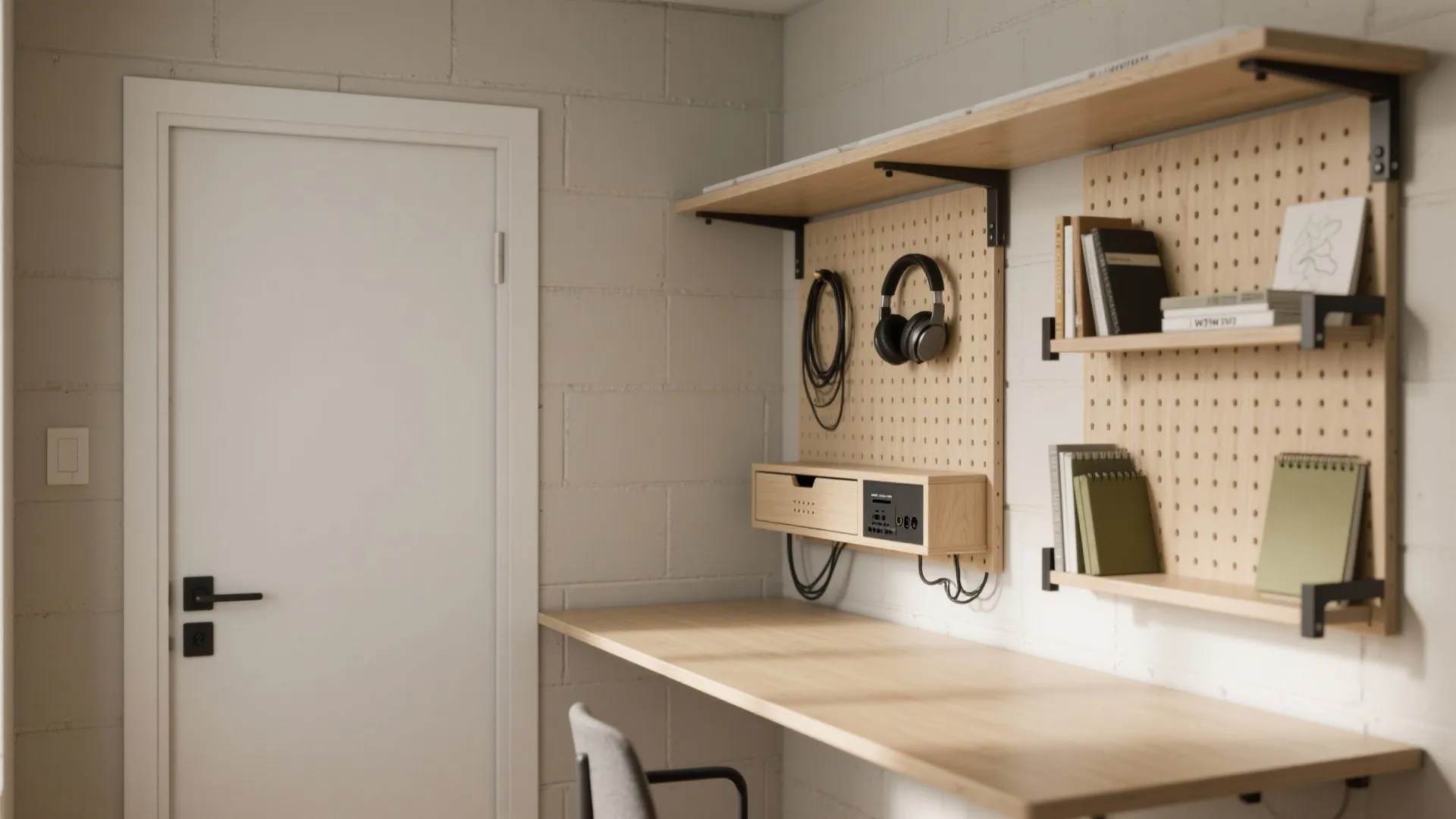 Modern wall storage system with pegboard shelves and headphone hook above a light wood desk