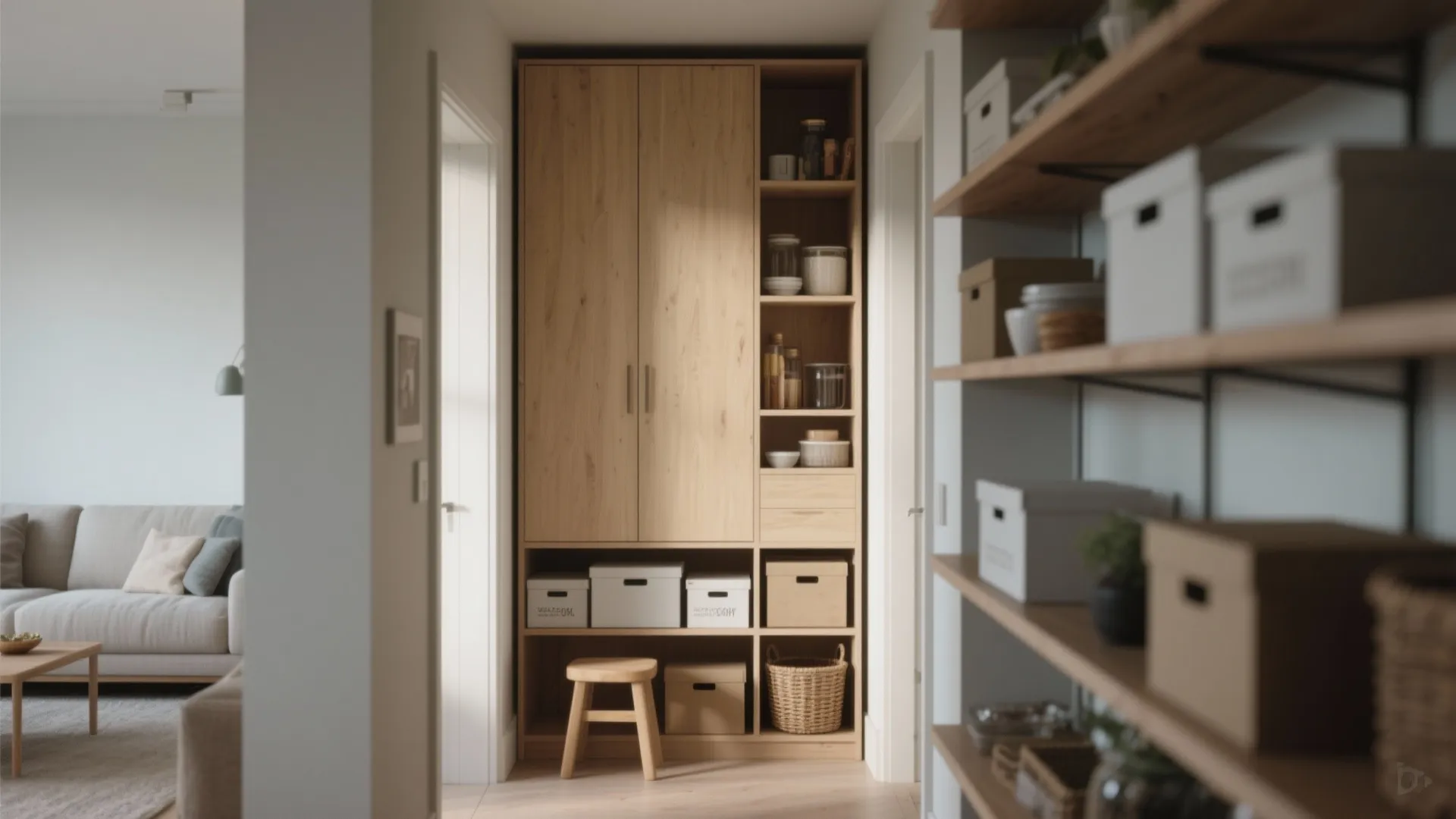 Wooden floor to ceiling storage cabinet in hallway with open shelves and white storage boxes