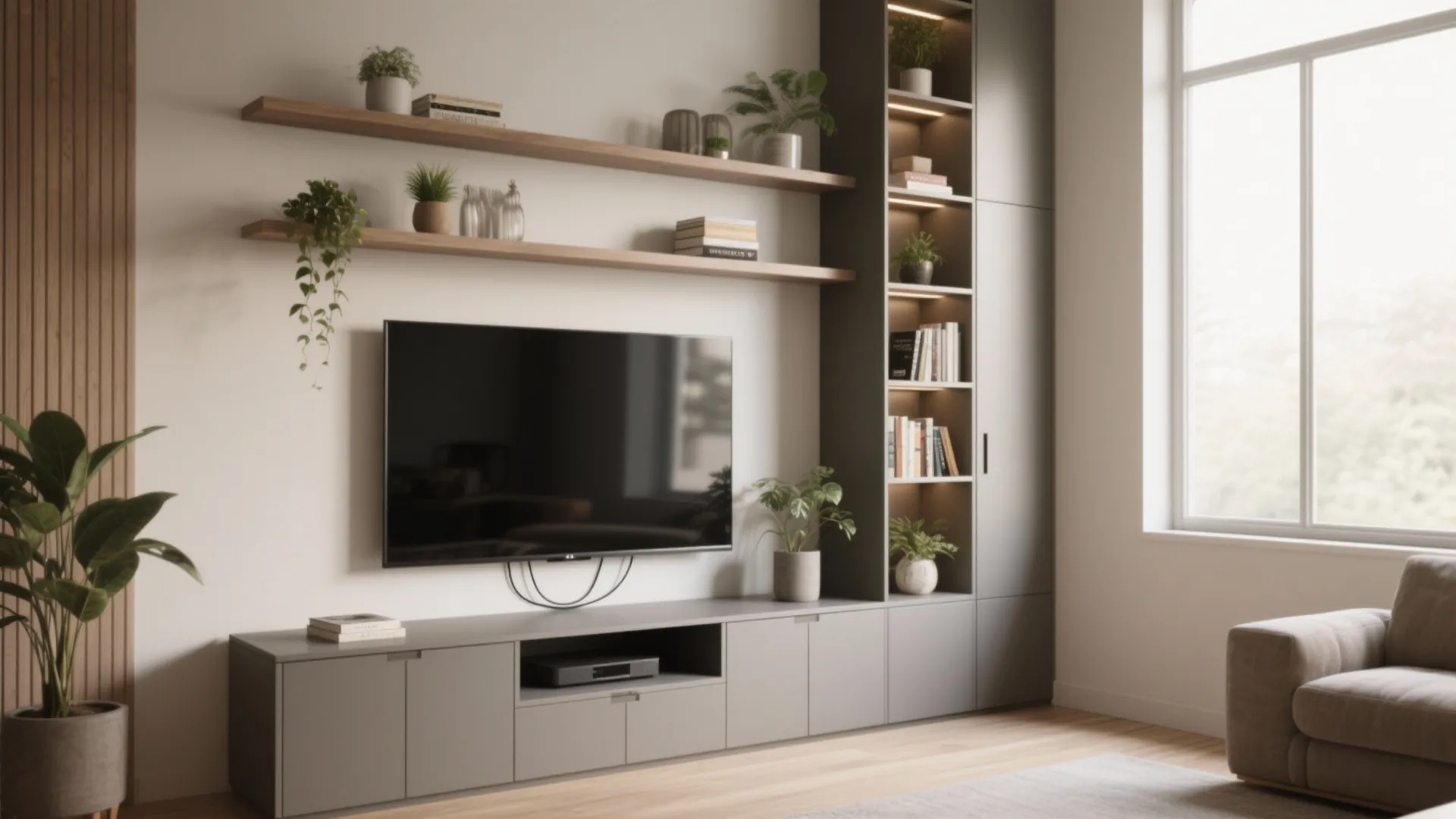 Grey tv cabinet with tall shelves and wood wall panels in a bright living room