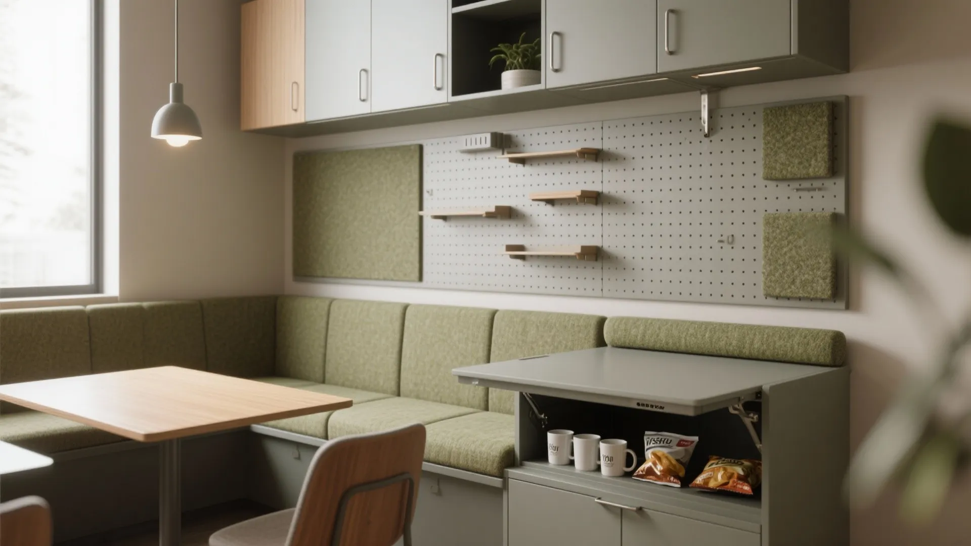 Interior design drawing showing green bench seating wooden table grey wall cabinets and wall pegboard