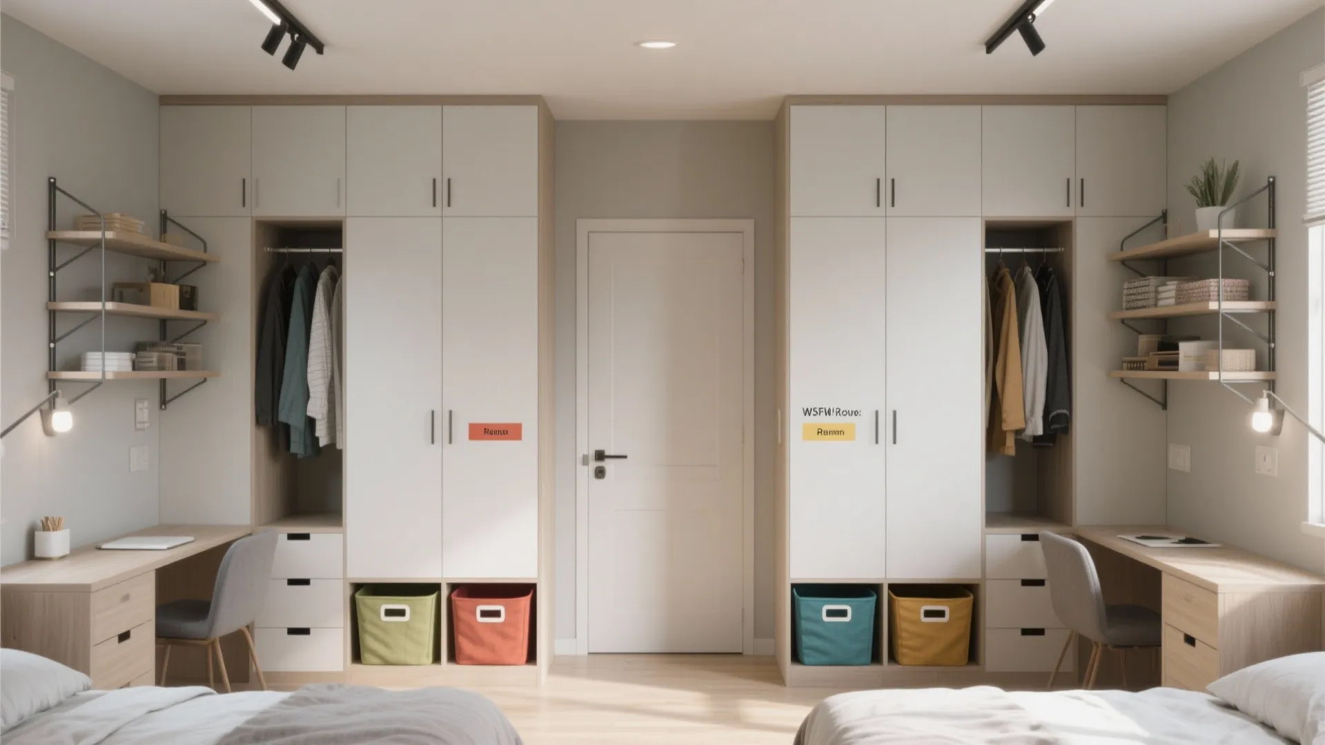Symmetrical bedroom layout showing two white cabinets and two desk areas for shared room storage