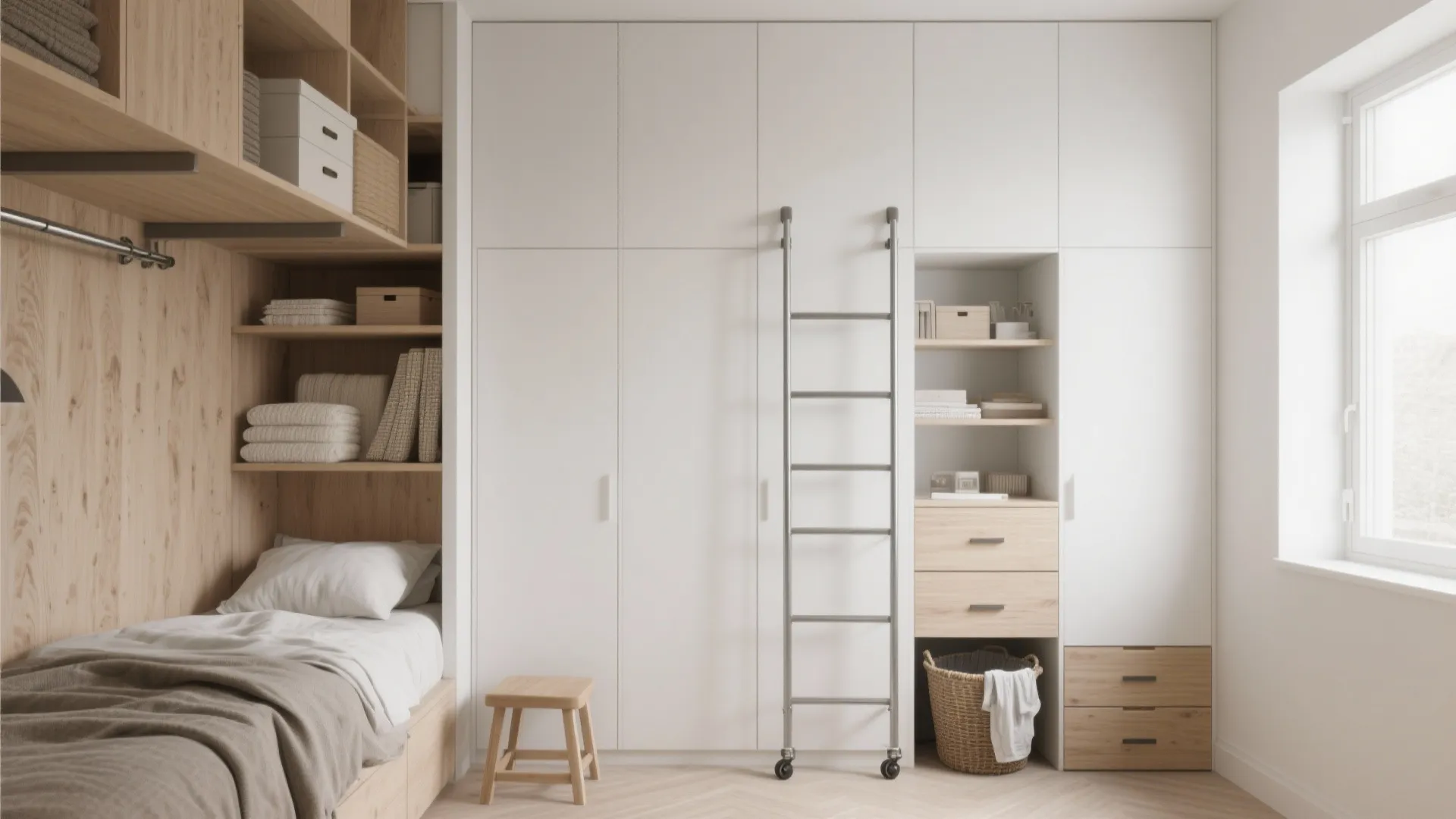 White built in storage cabinet wall with metal ladder next to a wooden bed nook