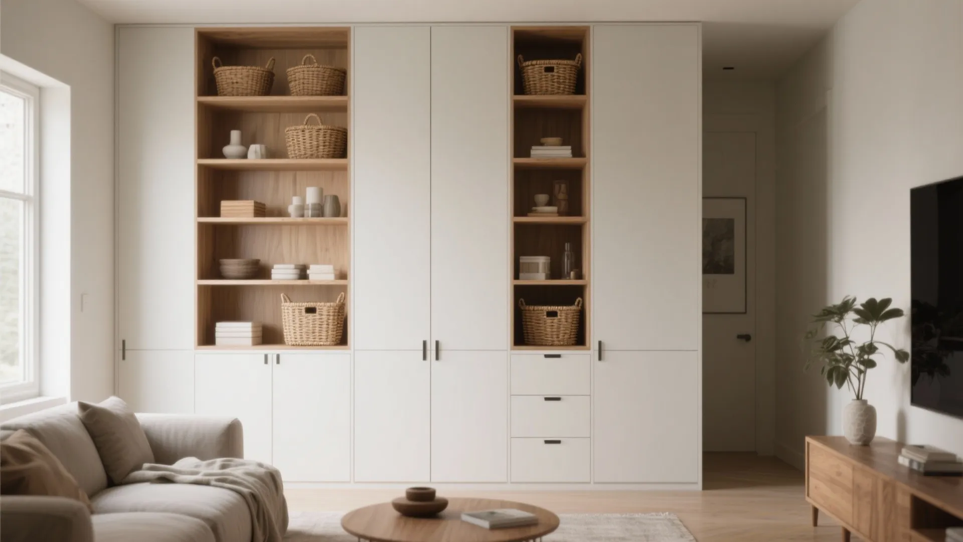 Floor-to-ceiling cabinets and open shelving styled with baskets to maximize vertical storage.