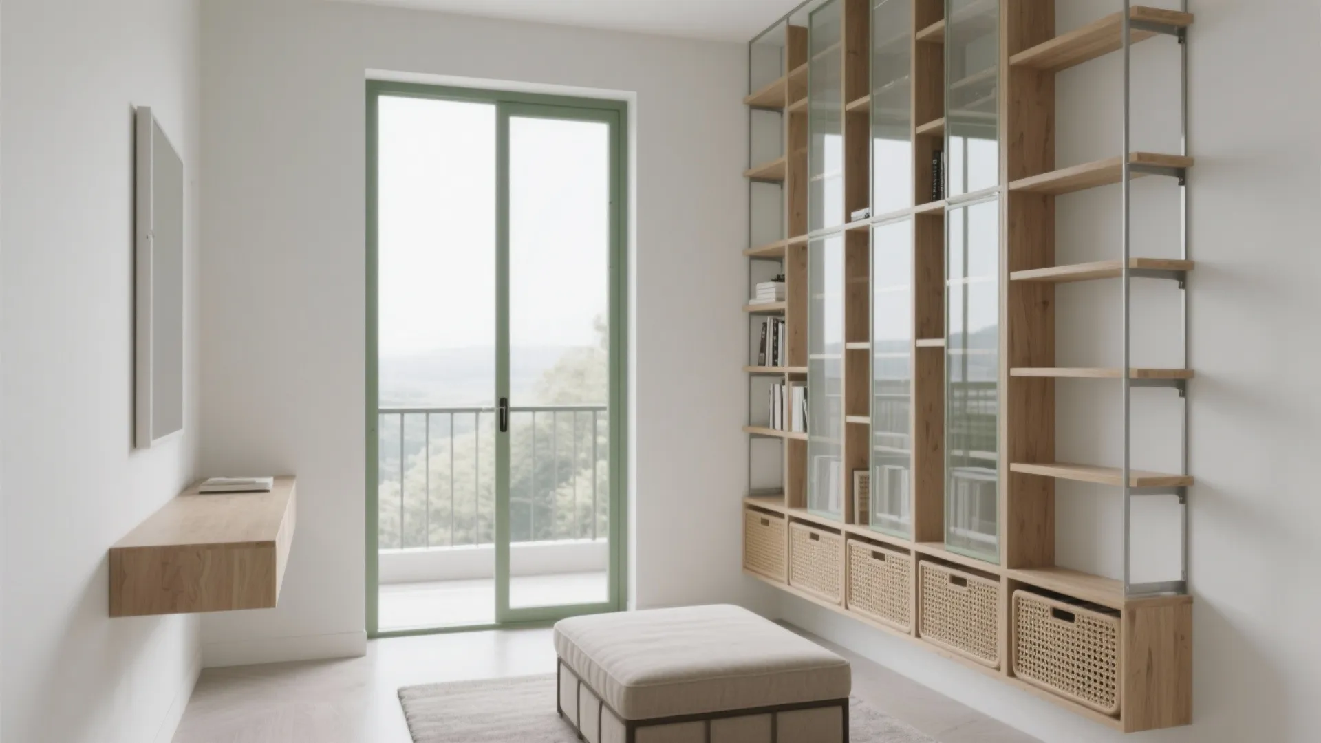 Modern white room featuring a large wooden cabinet with glass doors and a cozy footrest