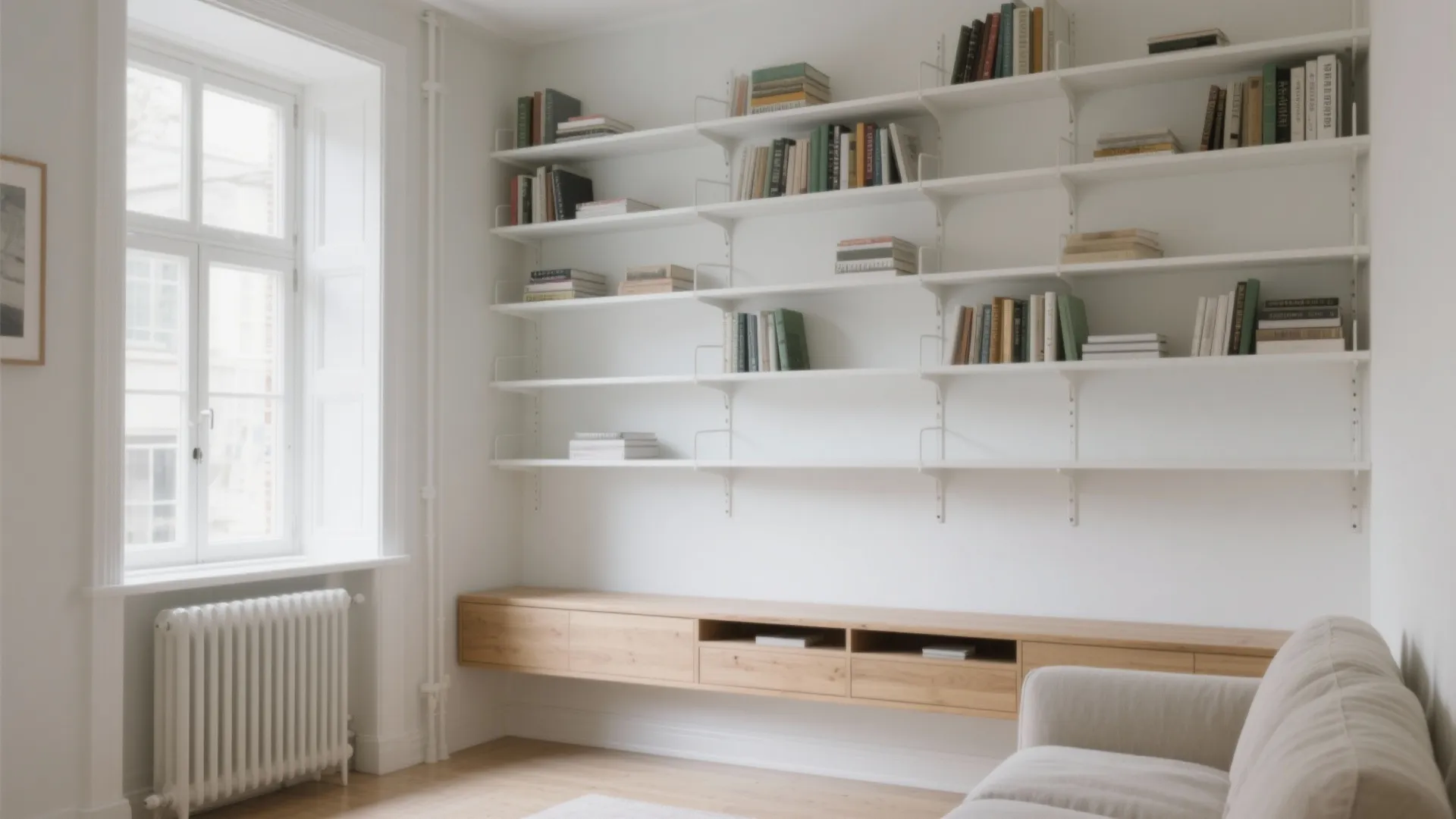Tall bookcases, wall shelf above radiator, and a shallow console behind the sofa, with 6–8 inches of breathing room.