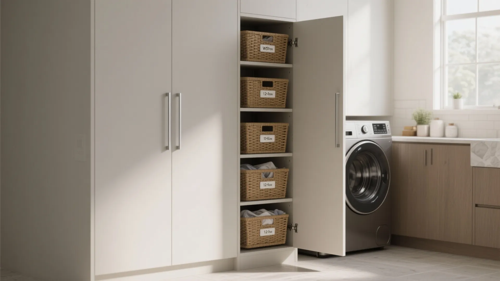 Modern white laundry room cabinet with open door revealing organized woven baskets and washing machine