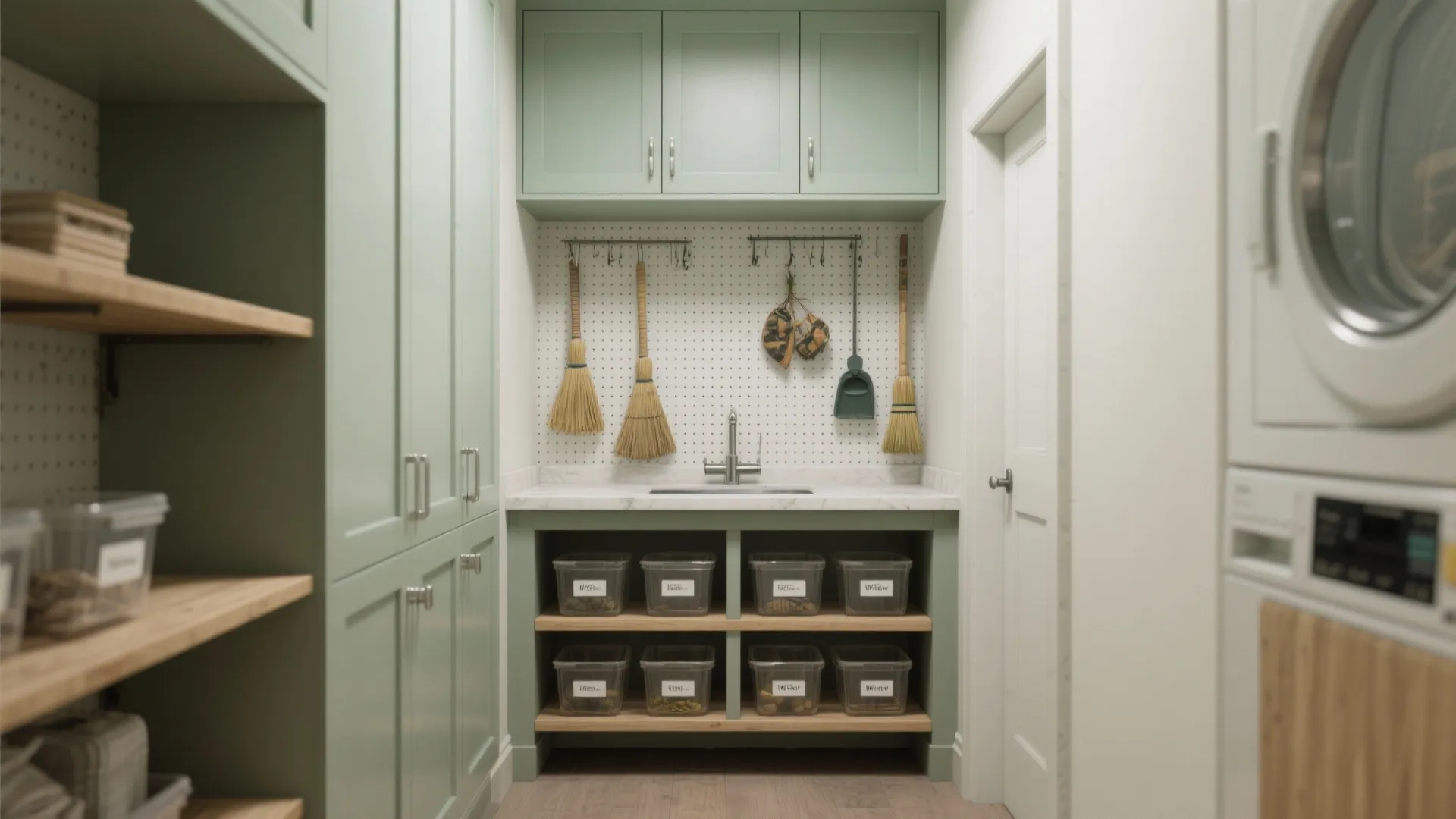 Floor-to-ceiling cabinets and a pegboard above a folding counter in a mud laundry room