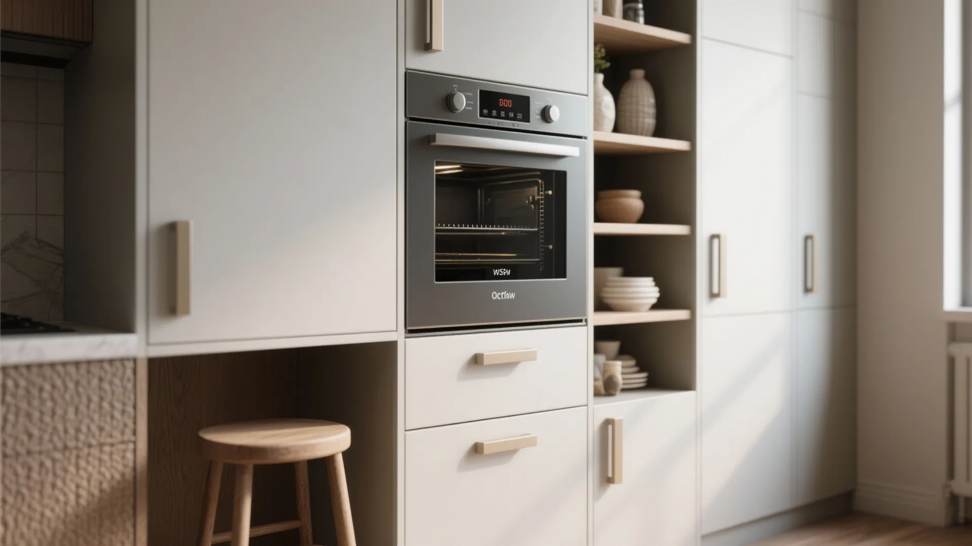 Built in kitchen cabinet with oven wooden shelves and storage drawers in a modern home