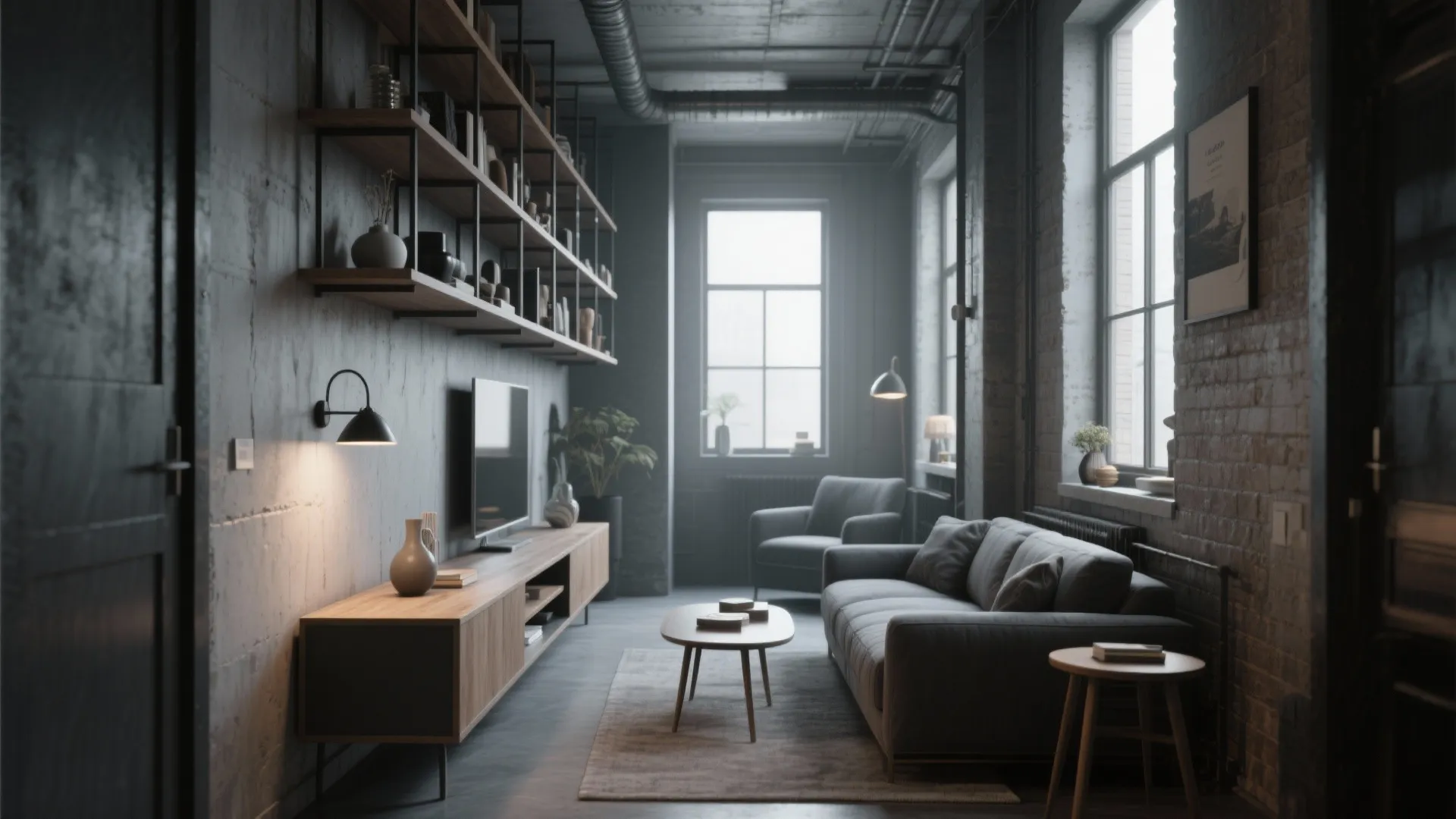 Industrial living room with grey sofa wall light wooden shelving unit and large bright windows