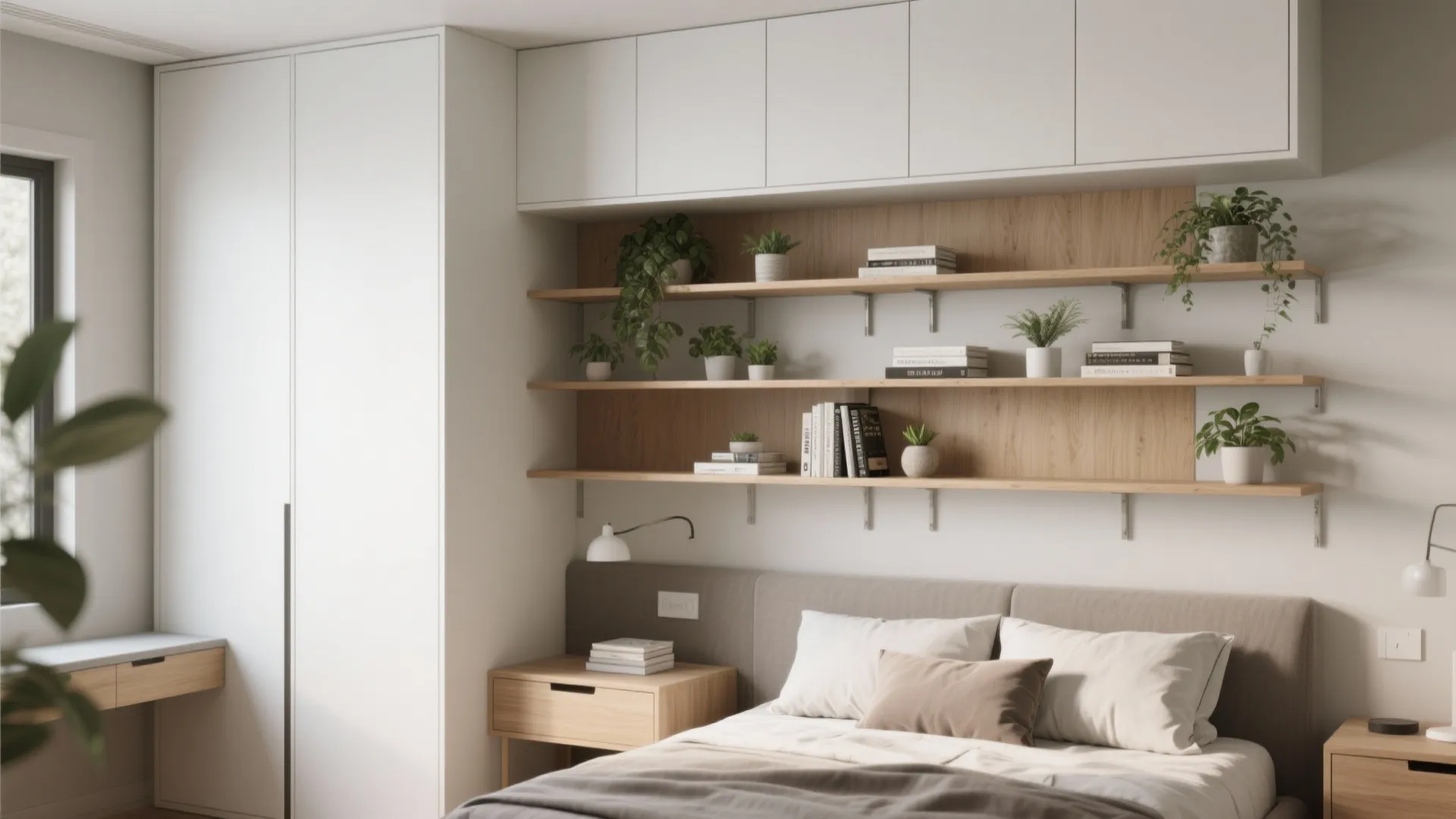 Modern bedroom featuring white tall wardrobe and wooden wall shelves with green plants and books
