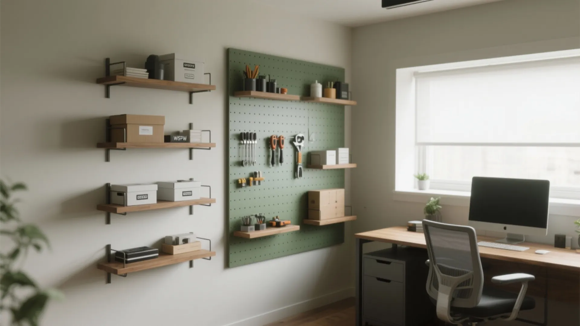 2. Vertical storage—shelves, pegboards, and niches