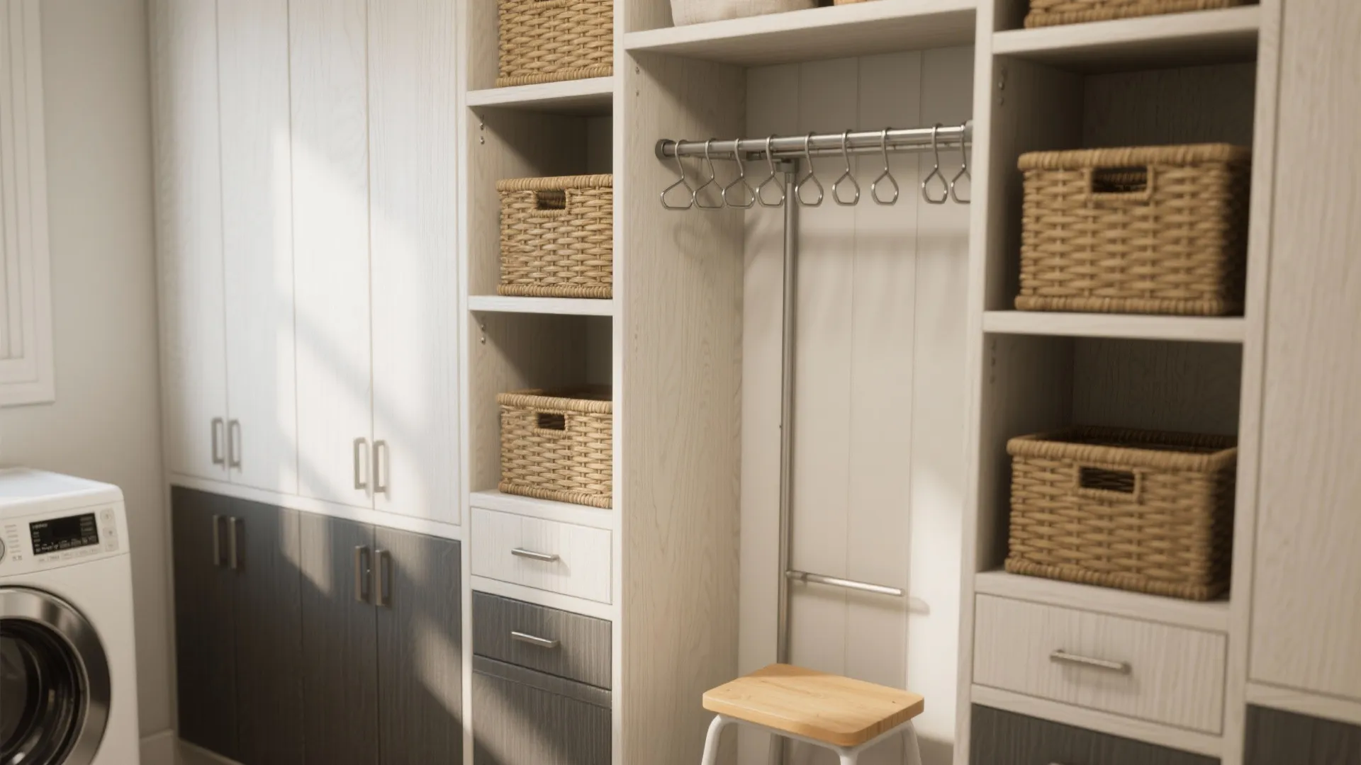 Laundry room with white storage cabinets woven baskets metal hanging rod small stool and washing machine