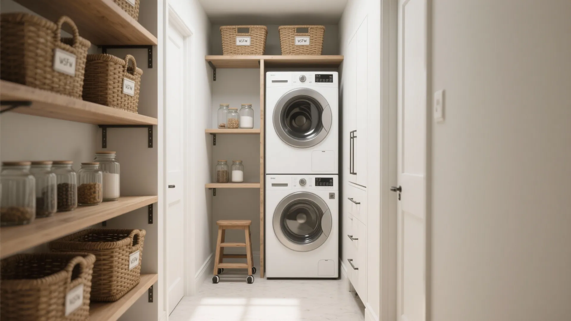 1. Go vertical: open shelves and stacked storage