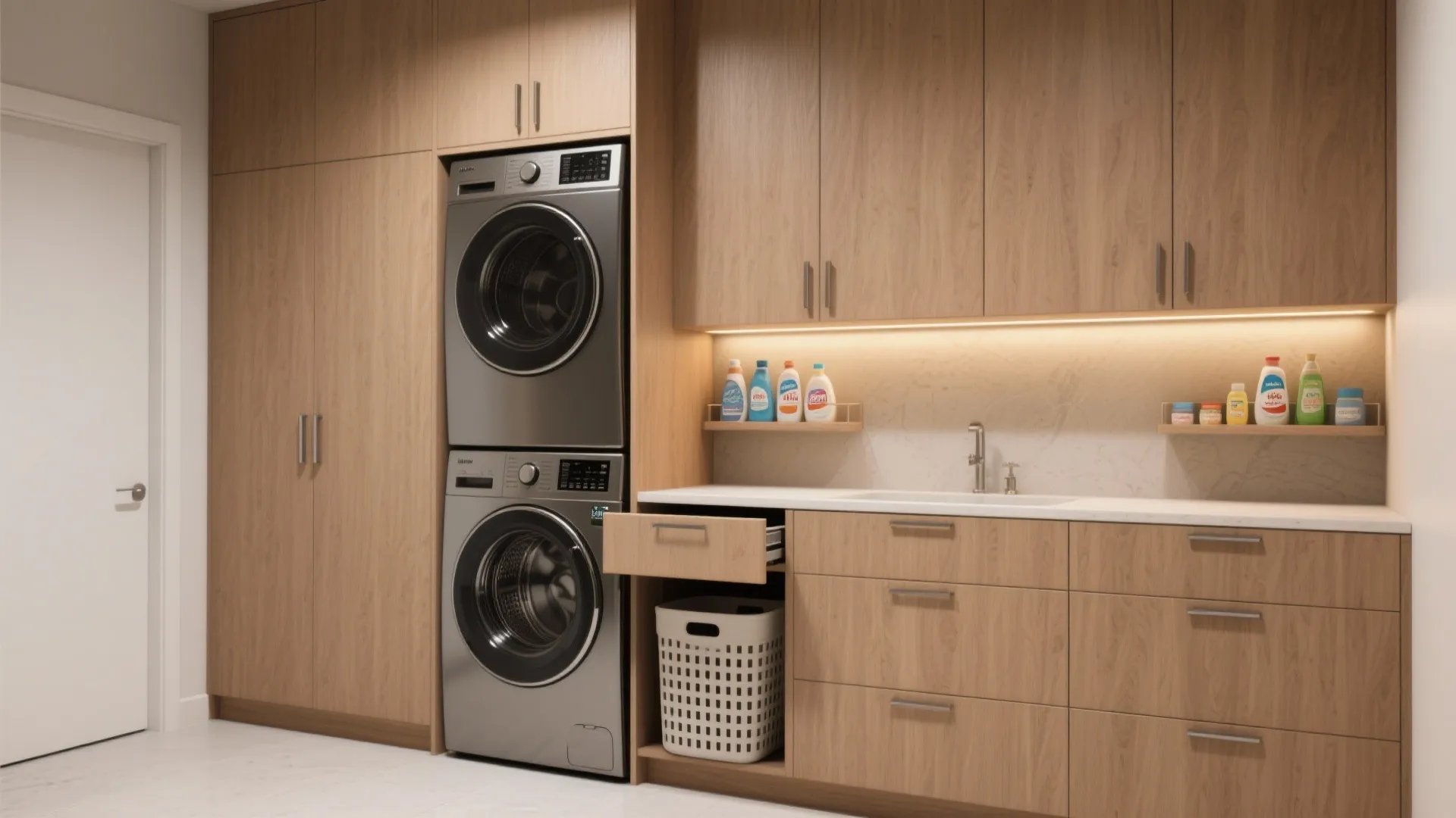 2) Vertical Storage and Hidden Hampers