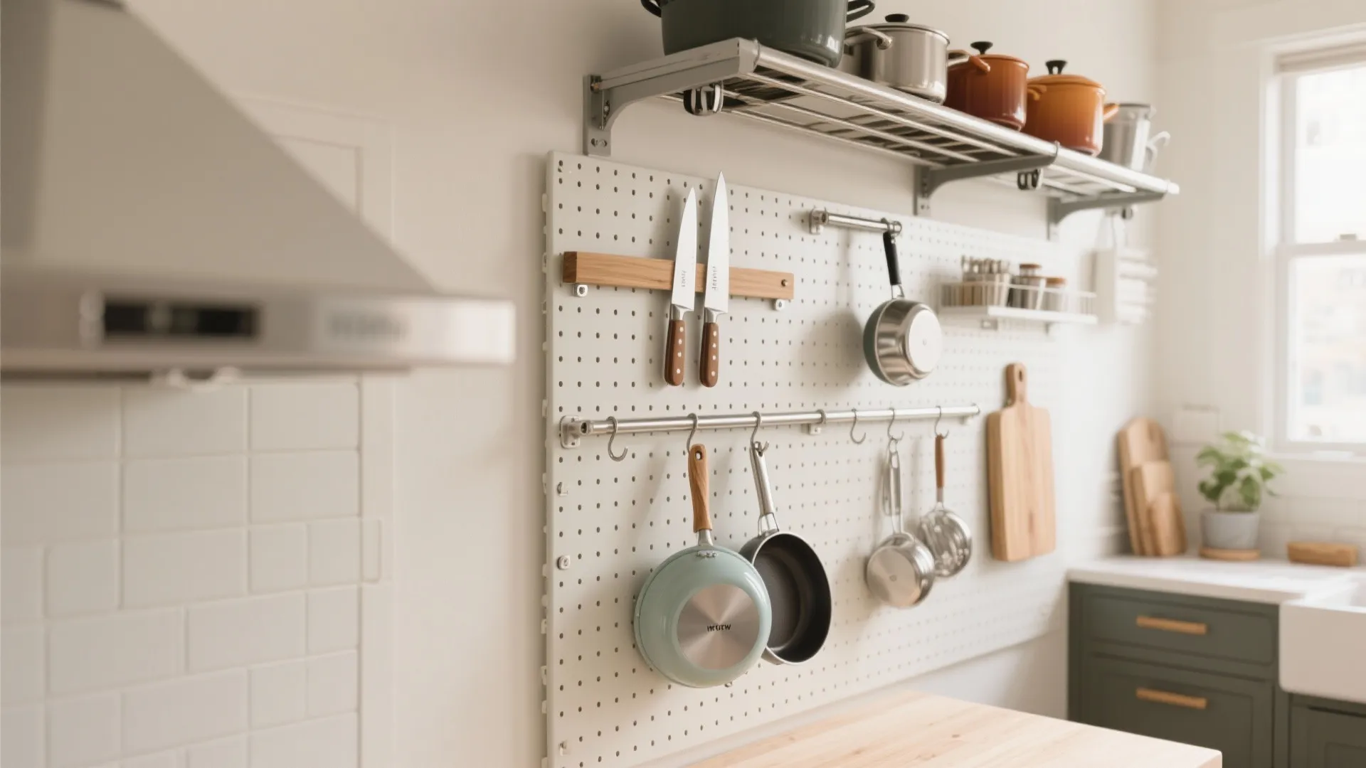 White pegboard on a kitchen wall holding pans and knives for organized vertical storage space