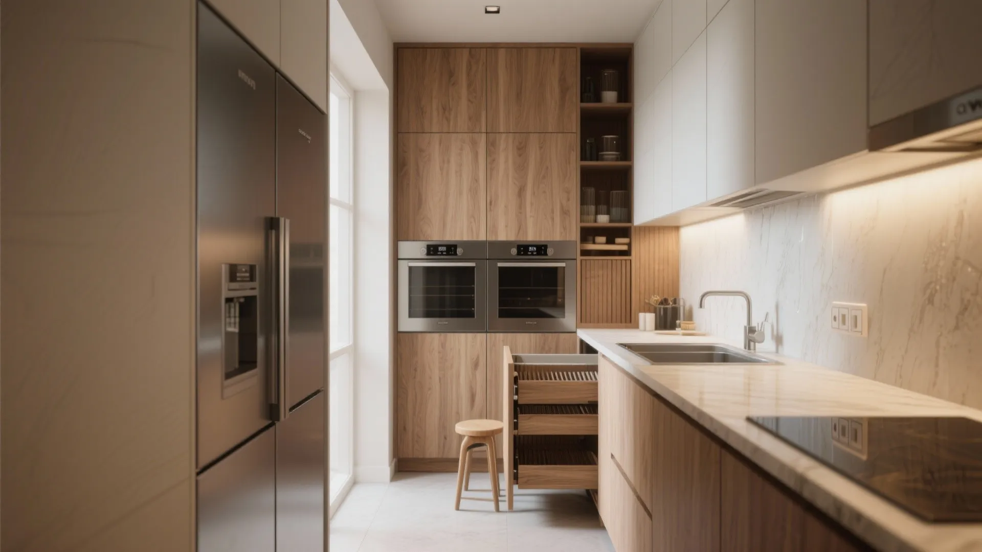 Narrow kitchen with tall wood cabinets built in ovens open drawer and small wooden step stool
