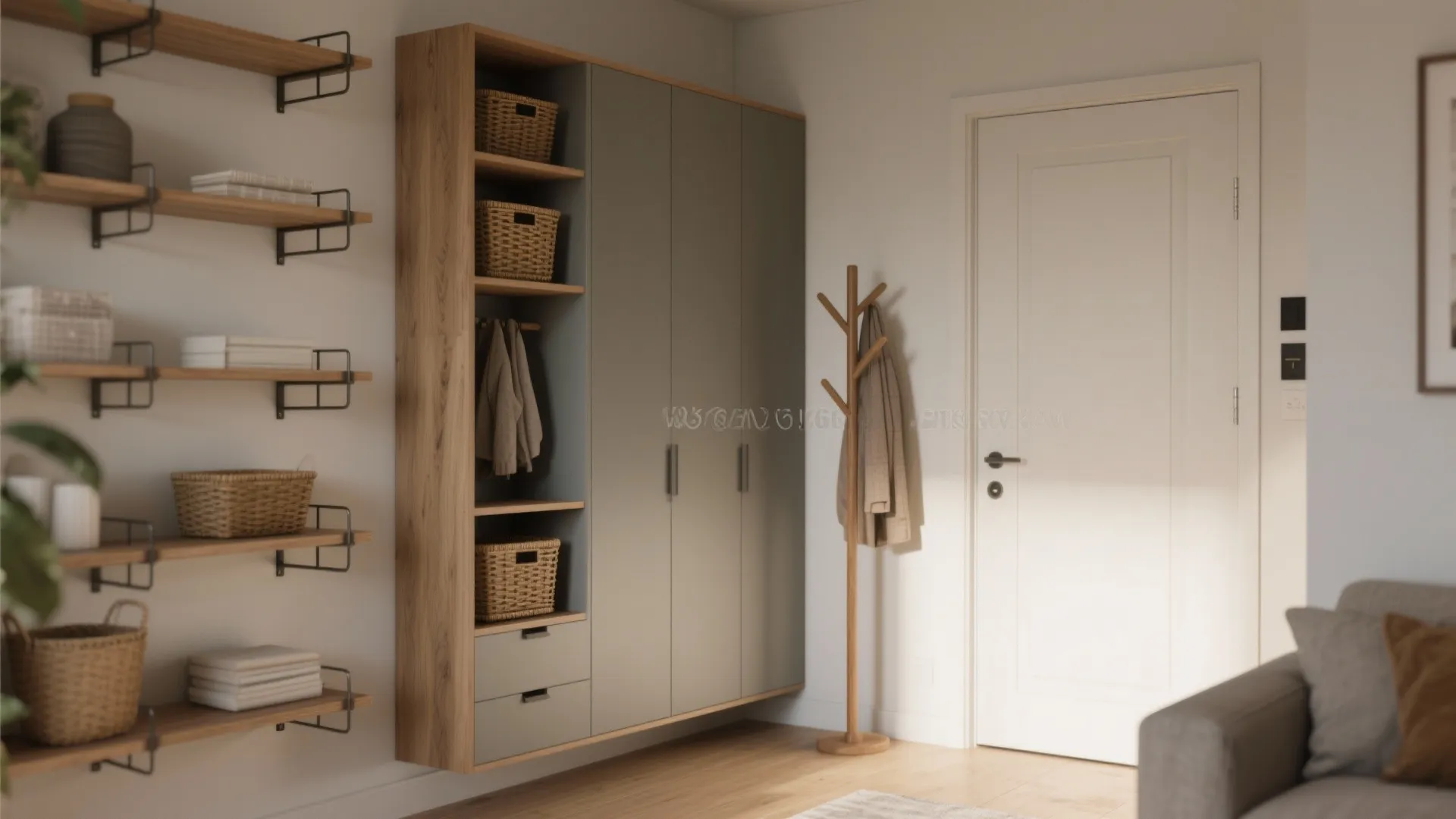 Modern hallway featuring large grey cabinet with wooden shelves baskets wooden coat rack and white door
