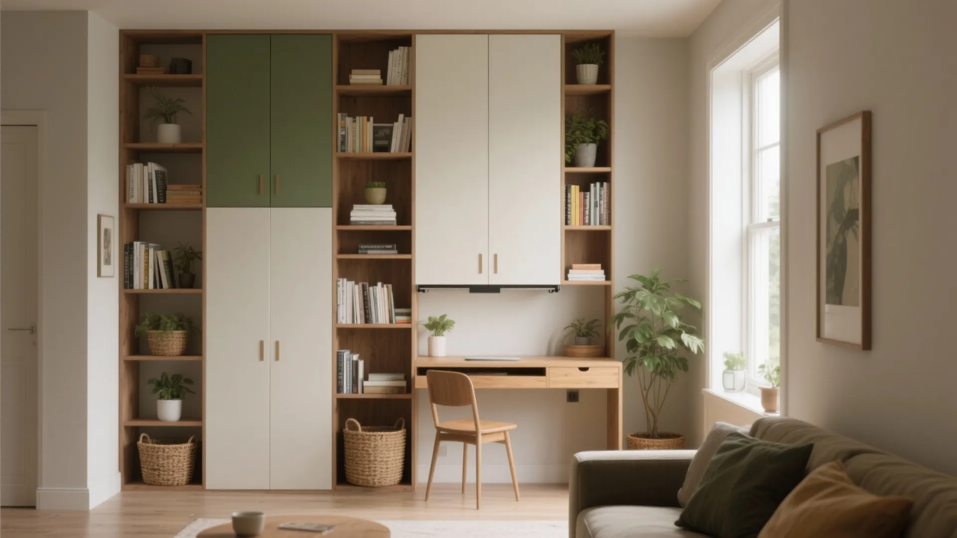Tall wooden cabinet featuring built-in desk, chair, bookshelf, white doors, plants, and a large window
