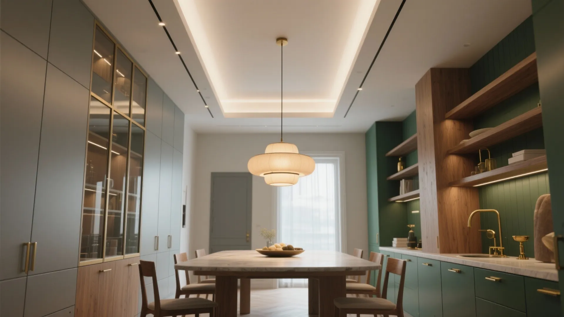 Modern dining room with marble table, wooden chairs, green cabinets, and a large ceiling light