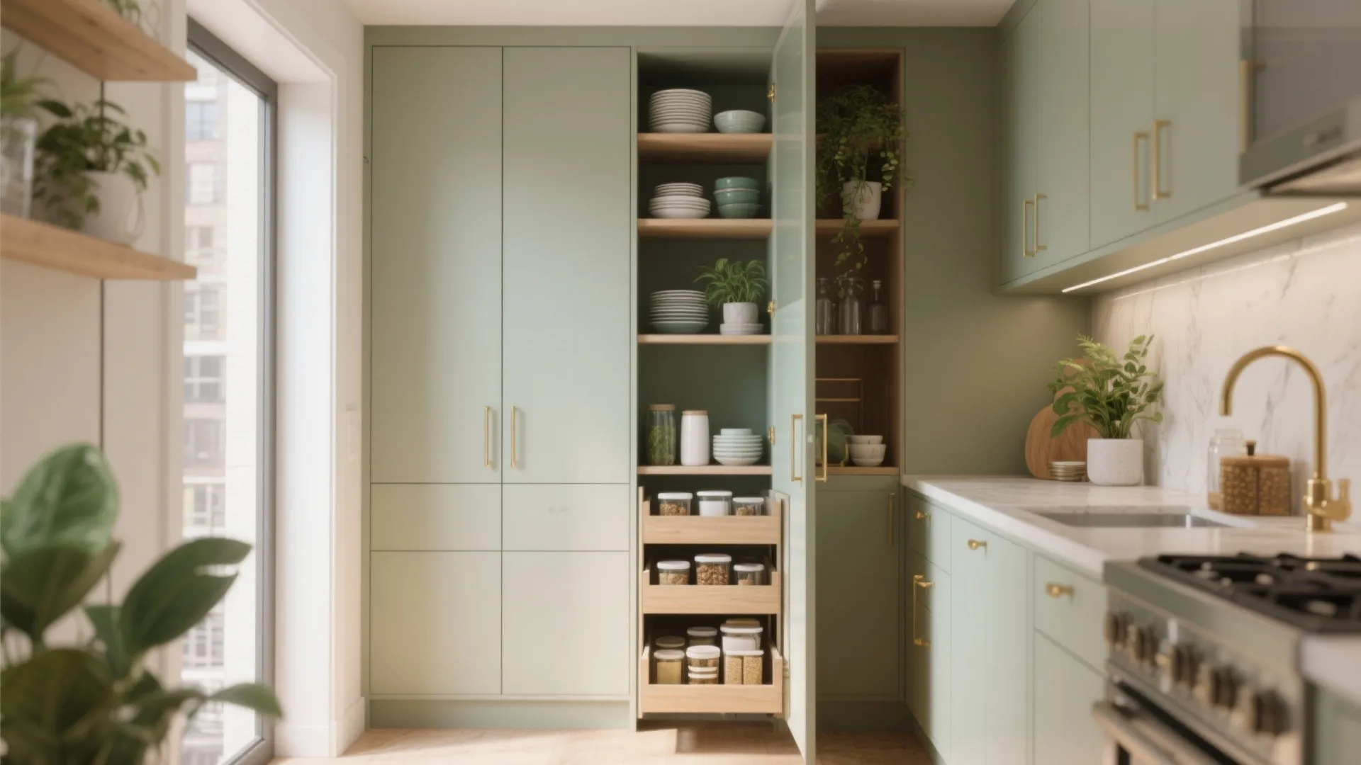 Modern green kitchen cabinet with open doors showing organized shelves and pull out wooden drawers