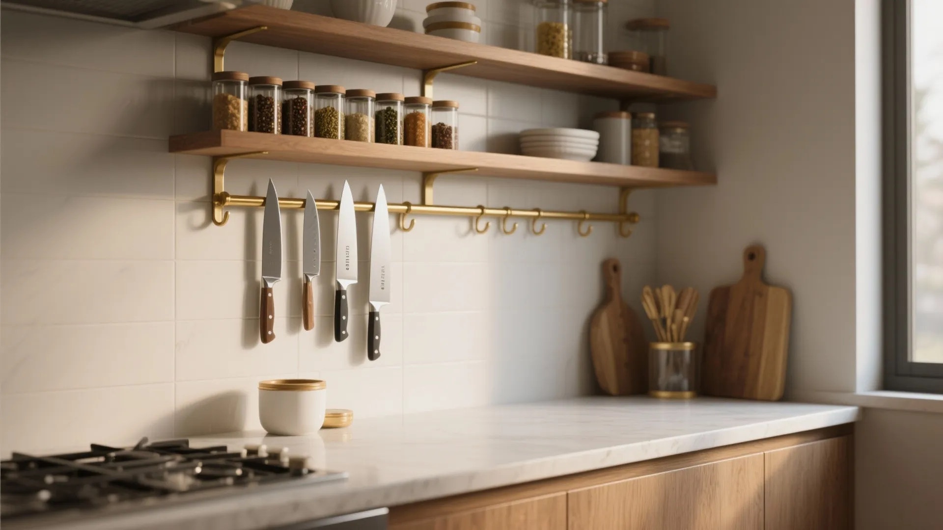 Kitchen wall storage with wooden shelves spice jars magnetic knife rack and white tiled wall