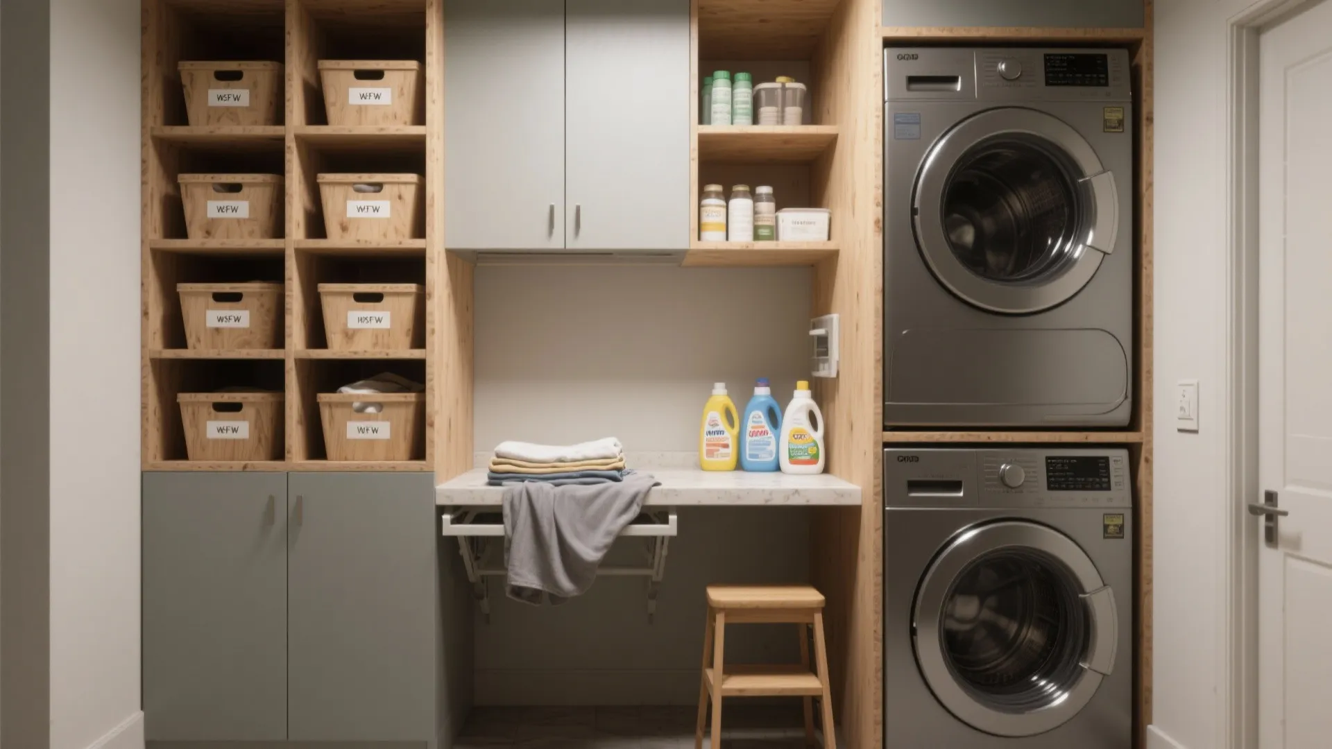 Organized laundry room with stacked washer dryer wooden shelves storage baskets detergent bottles and small stool