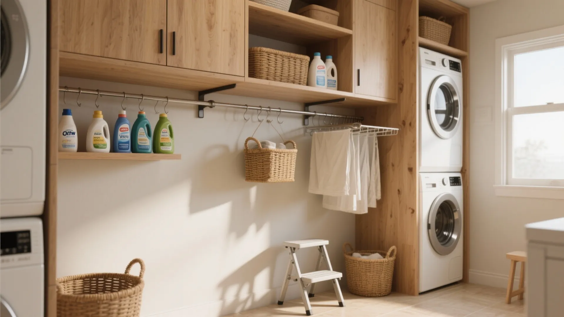 1. Go vertical: shelves, hanging rods, and wall-mounted drying