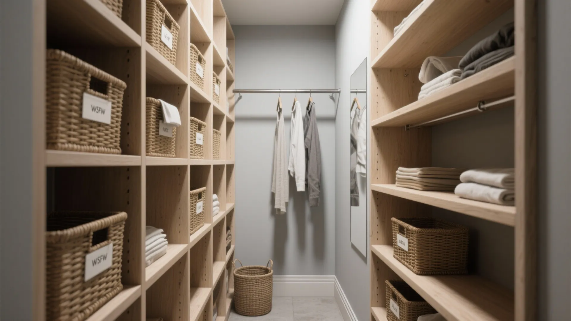 Narrow laundry closet with vertical cubbies, labeled baskets, adjustable shelves, and a slim hanging rod for drip-dry clothes.