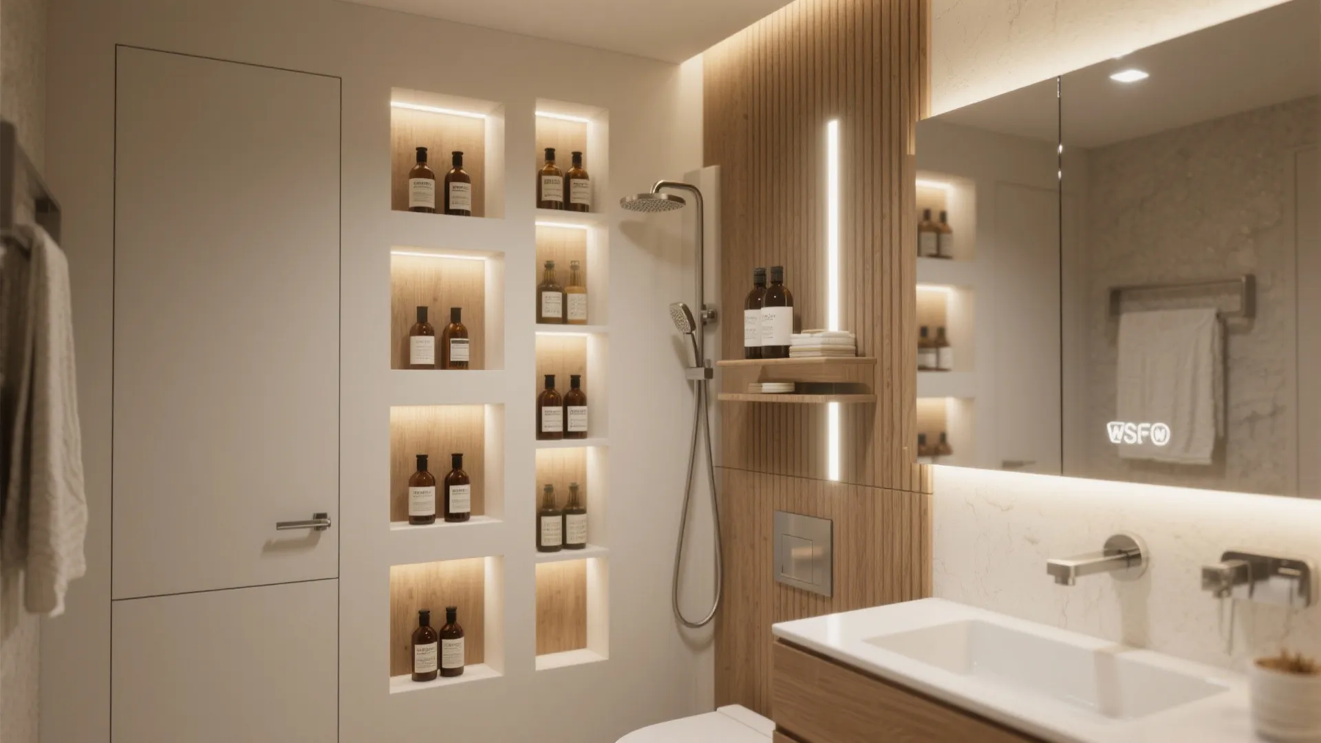 Vertical Storage with Recessed Niches and Mirrored Cabinets